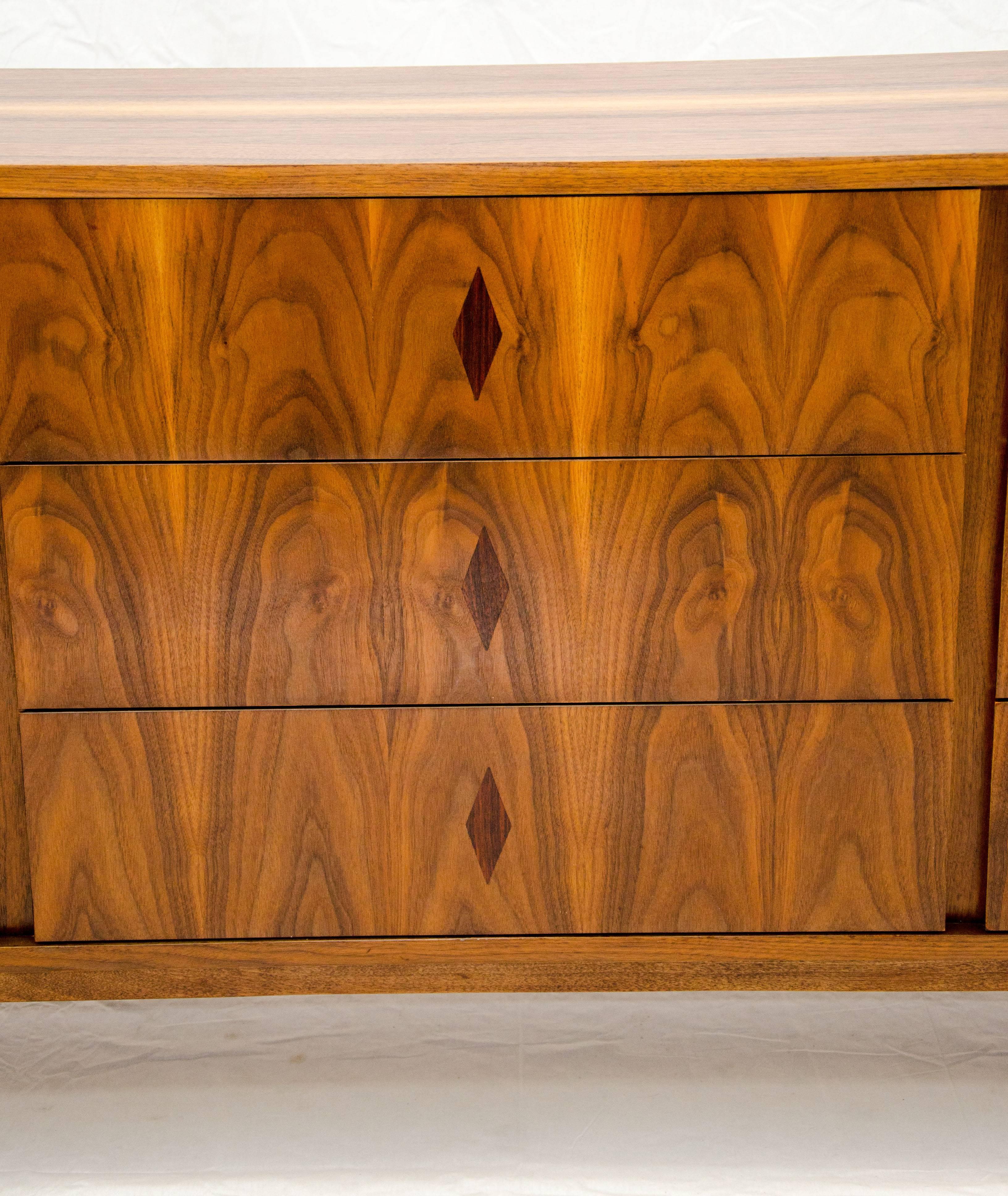 Mid-Century Modern Burl Walnut Nine-Drawer Dresser, B. P. John