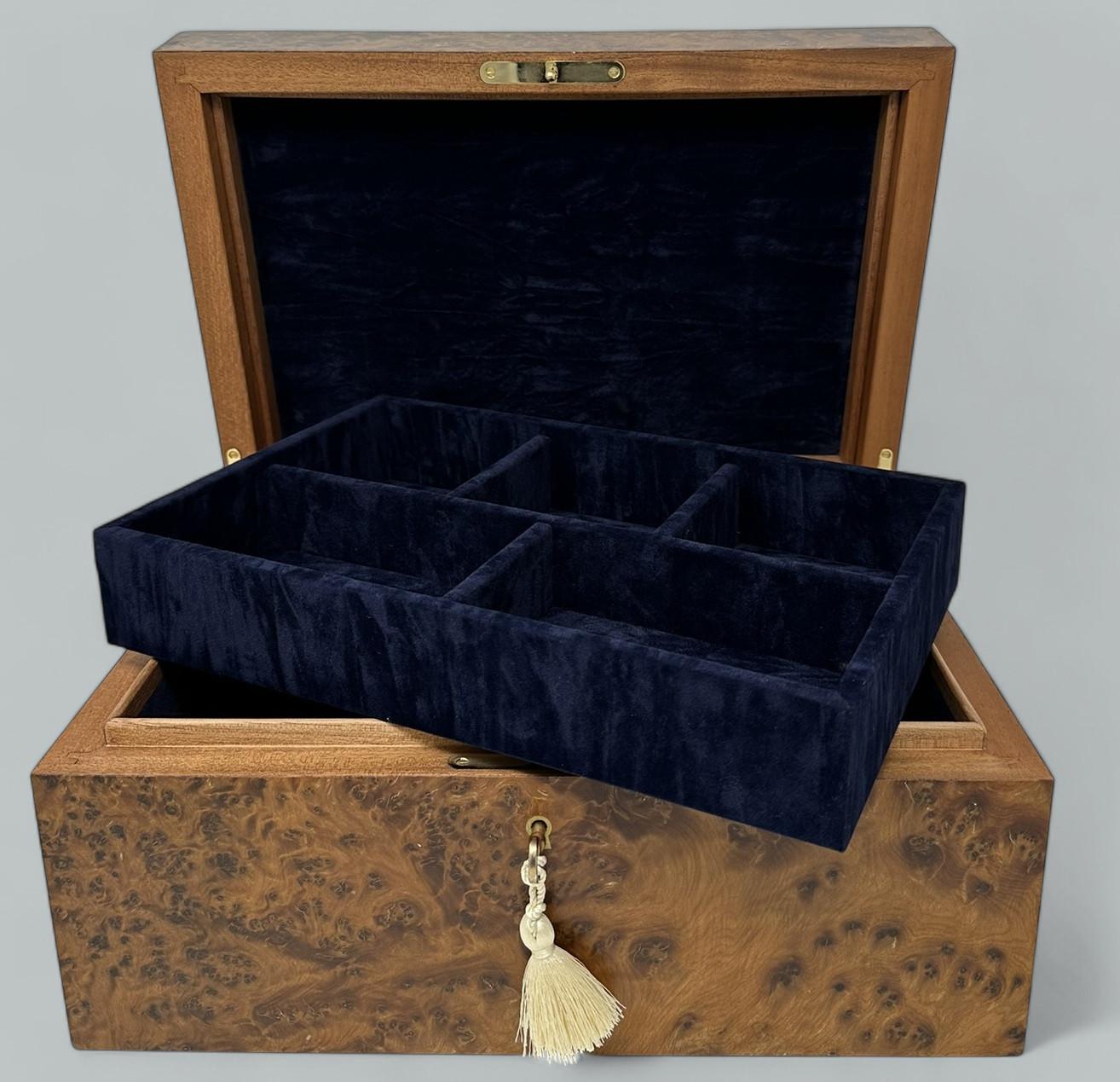 Modern Burl Walnut  Thuya Wood Handmade Jewelry Casket Box Manning of Ireland Irish New For Sale