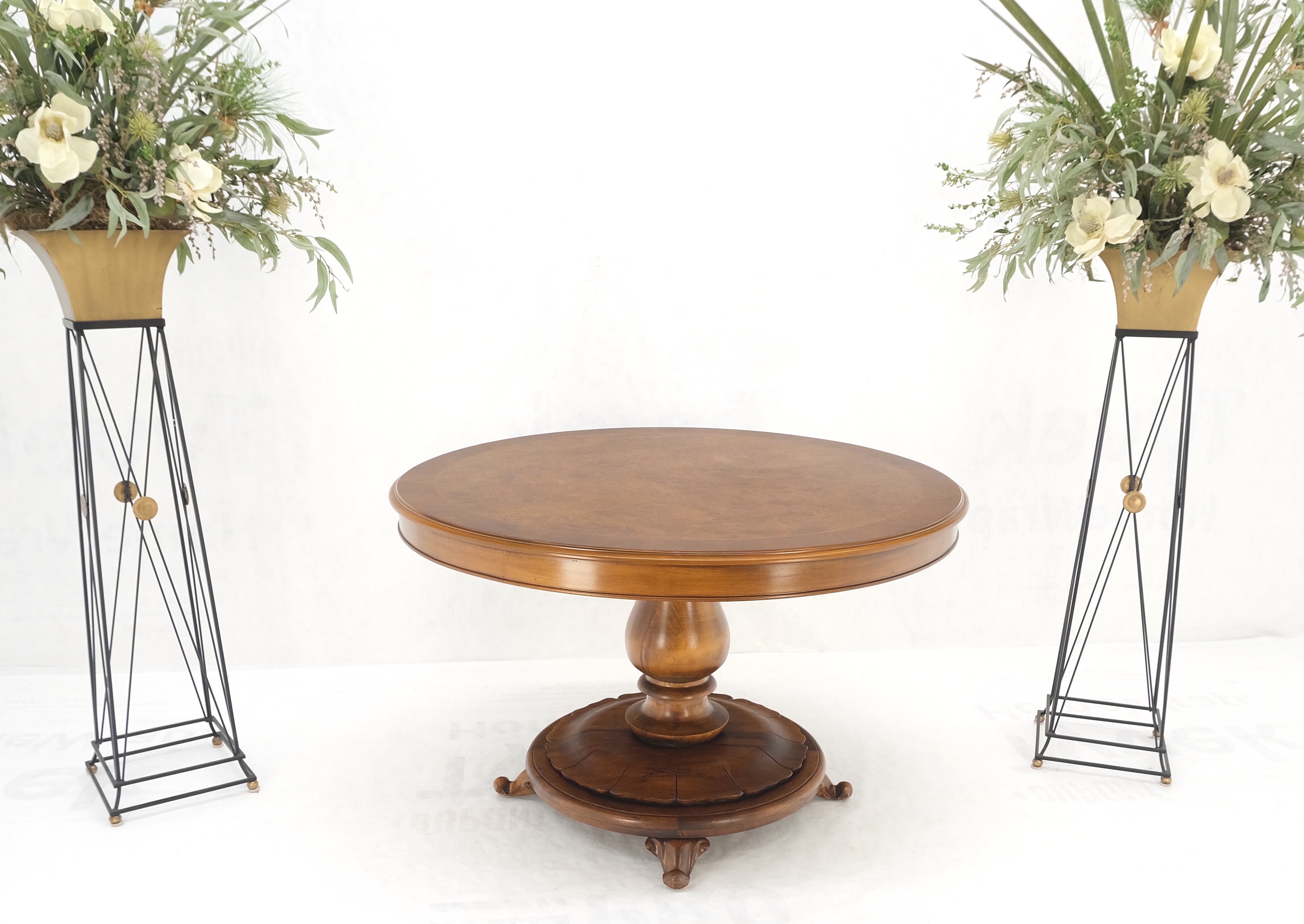 Mid-Century Modern Burl Walnut Wood Top Round Carved Lotus Shape Base Dining Center Table Mint! For Sale