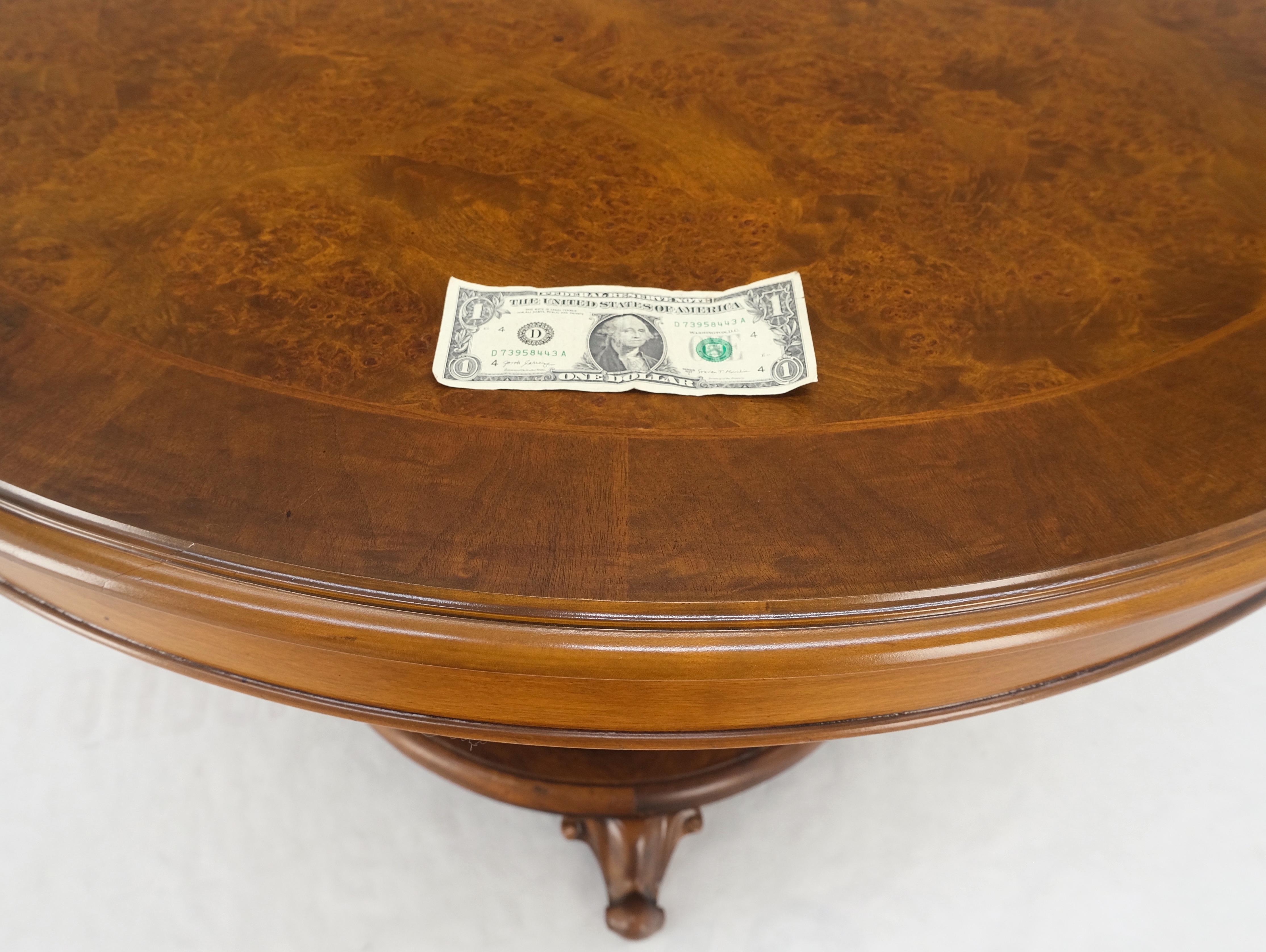 Italian Burl Walnut Wood Top Round Carved Lotus Shape Base Dining Center Table Mint! For Sale