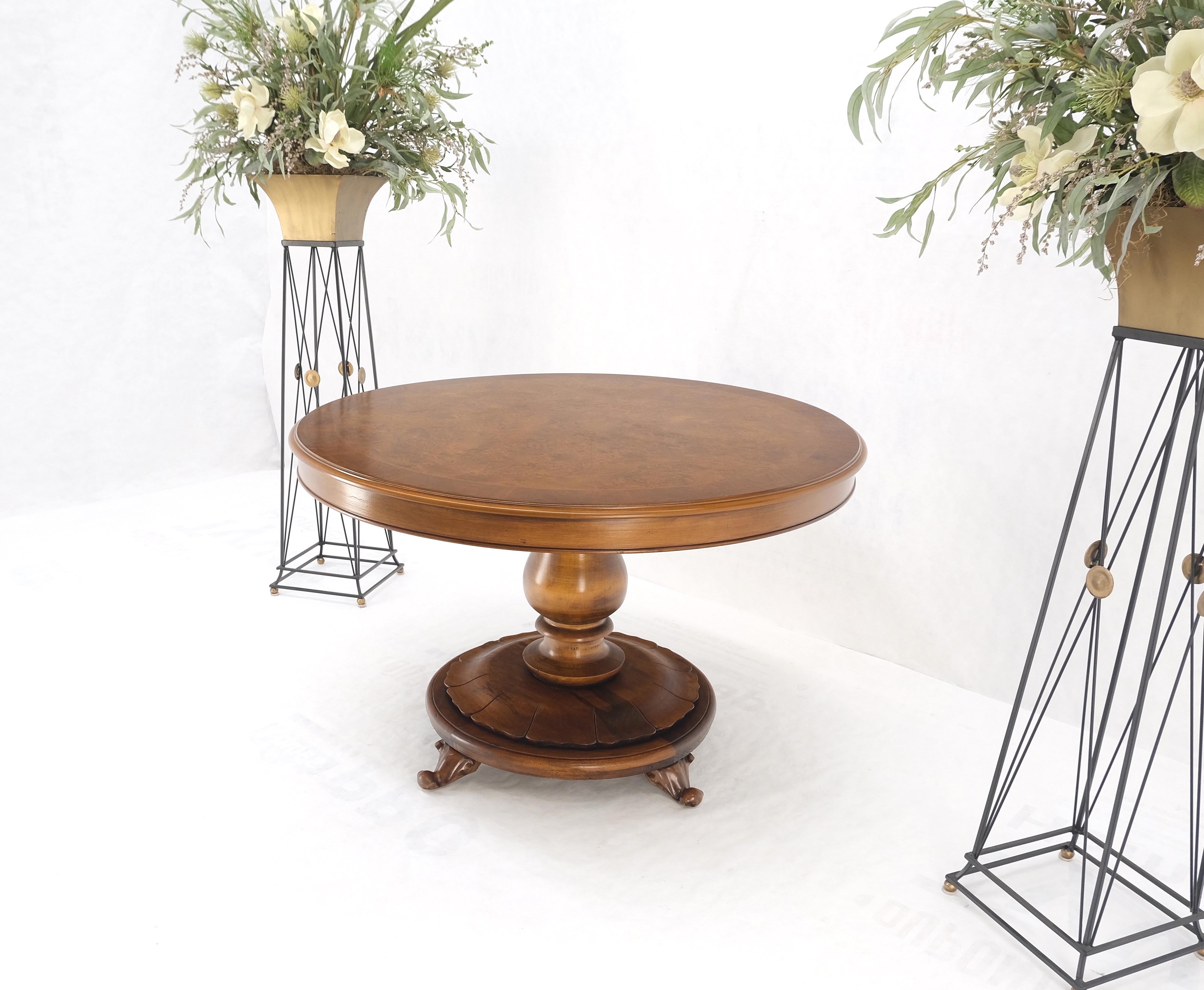 Burl Walnut Wood Top Round Carved Lotus Shape Base Dining Center Table Mint! In Good Condition For Sale In Rockaway, NJ