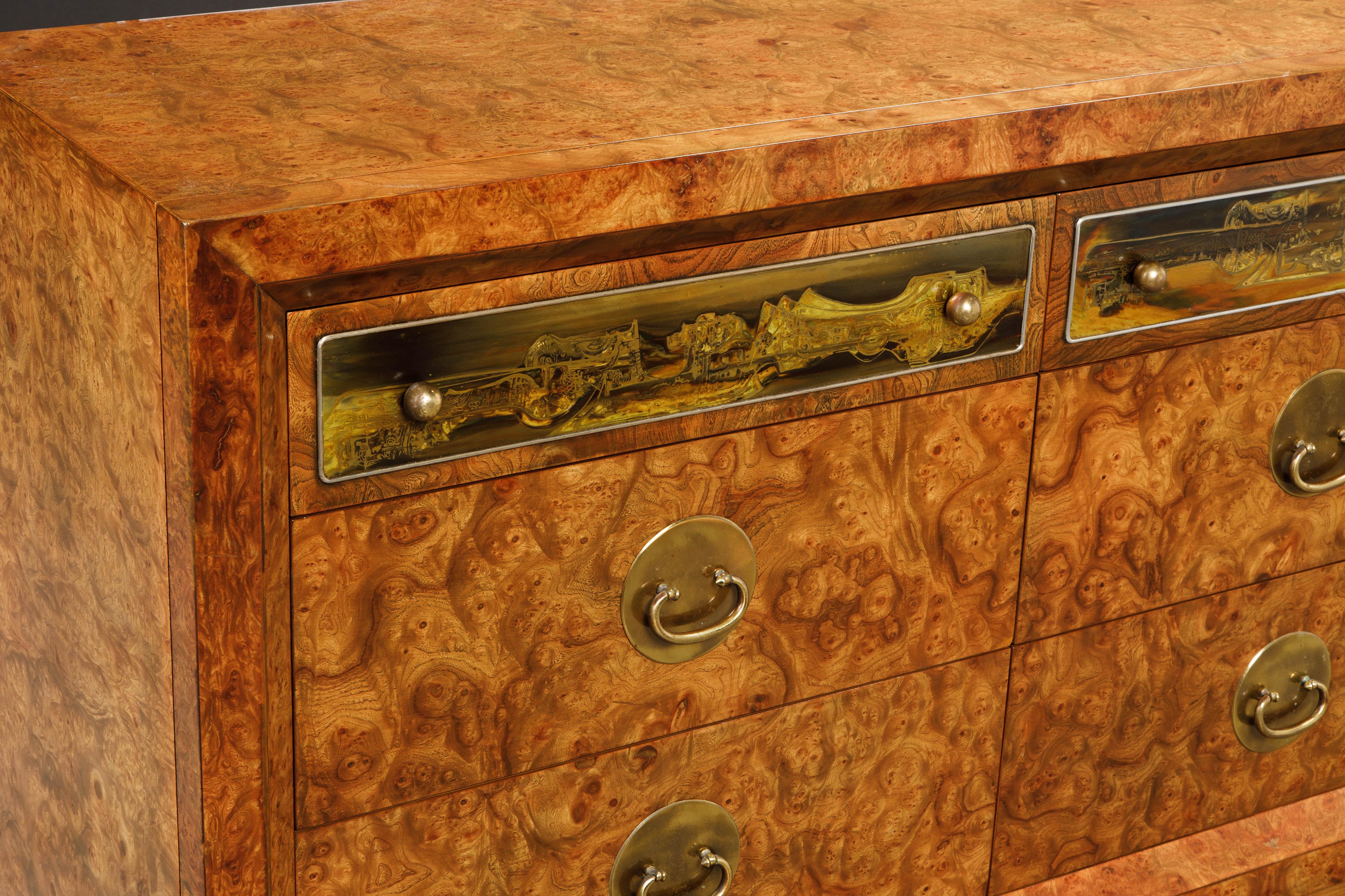 Burl Wood and Acid-Etched Brass Dresser by Bernhard Rohne for Mastercraft, 1970s 5