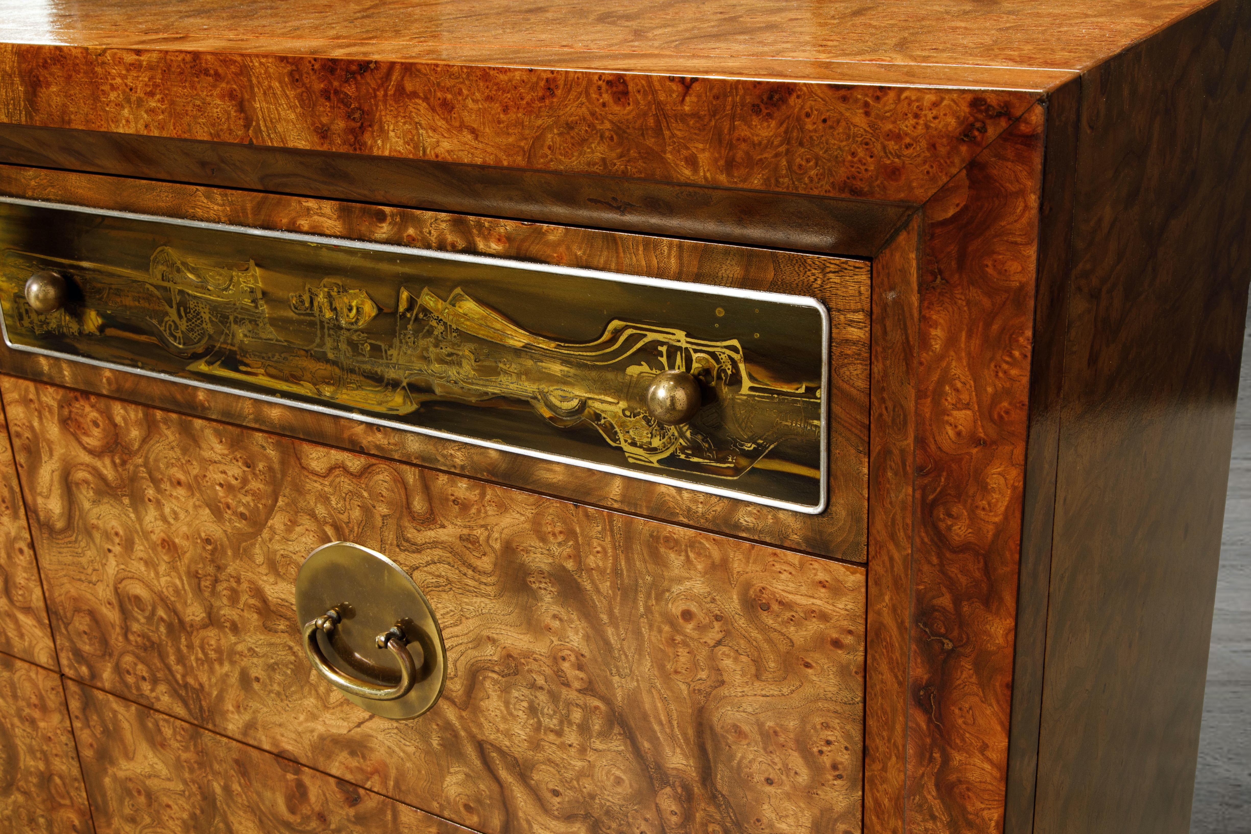 Burl Wood and Acid-Etched Brass Dresser by Bernhard Rohne for Mastercraft, 1970s 9