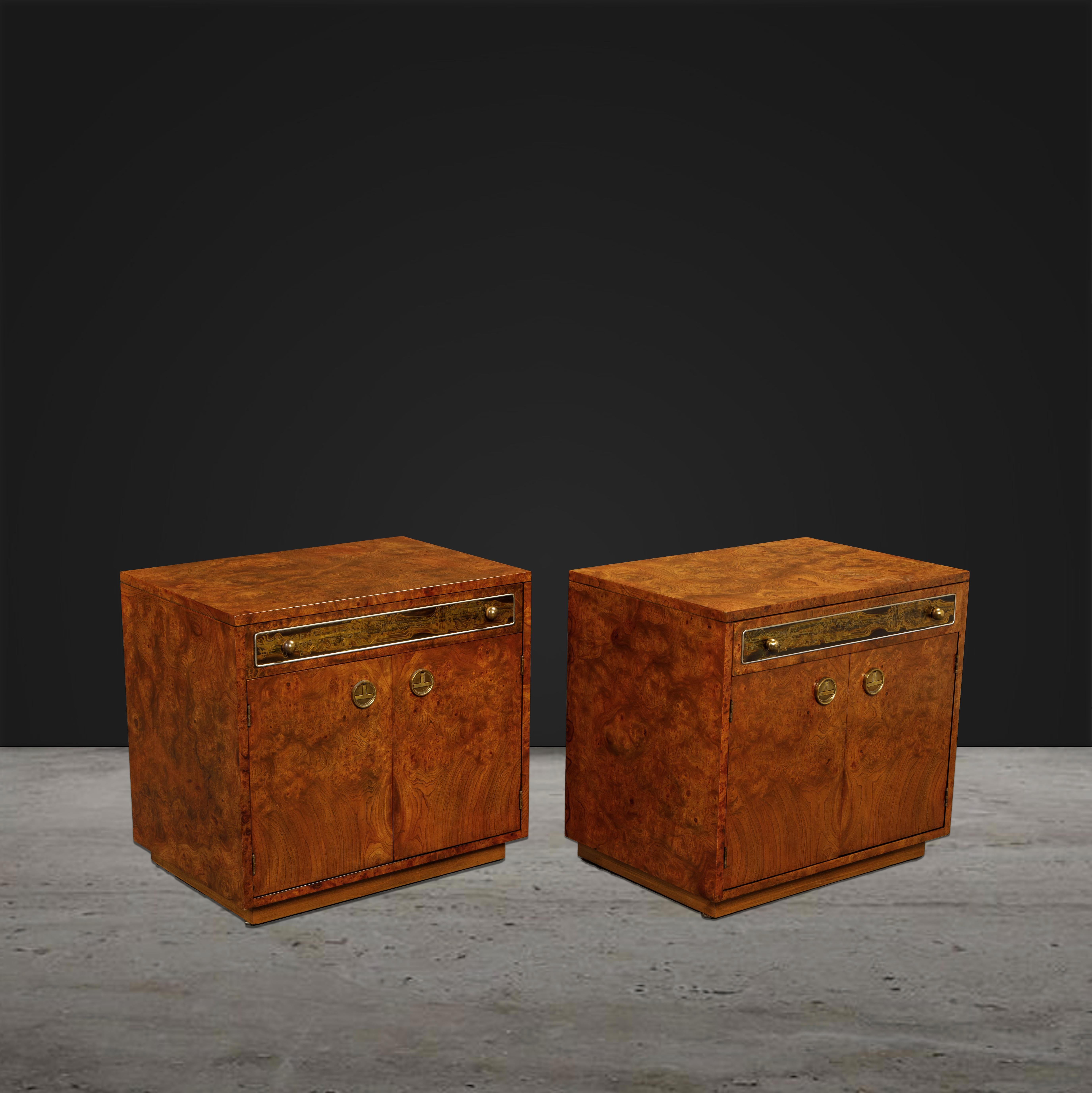 Burl Wood and Acid-Etched Brass Dresser by Bernhard Rohne for Mastercraft, 1970s 14