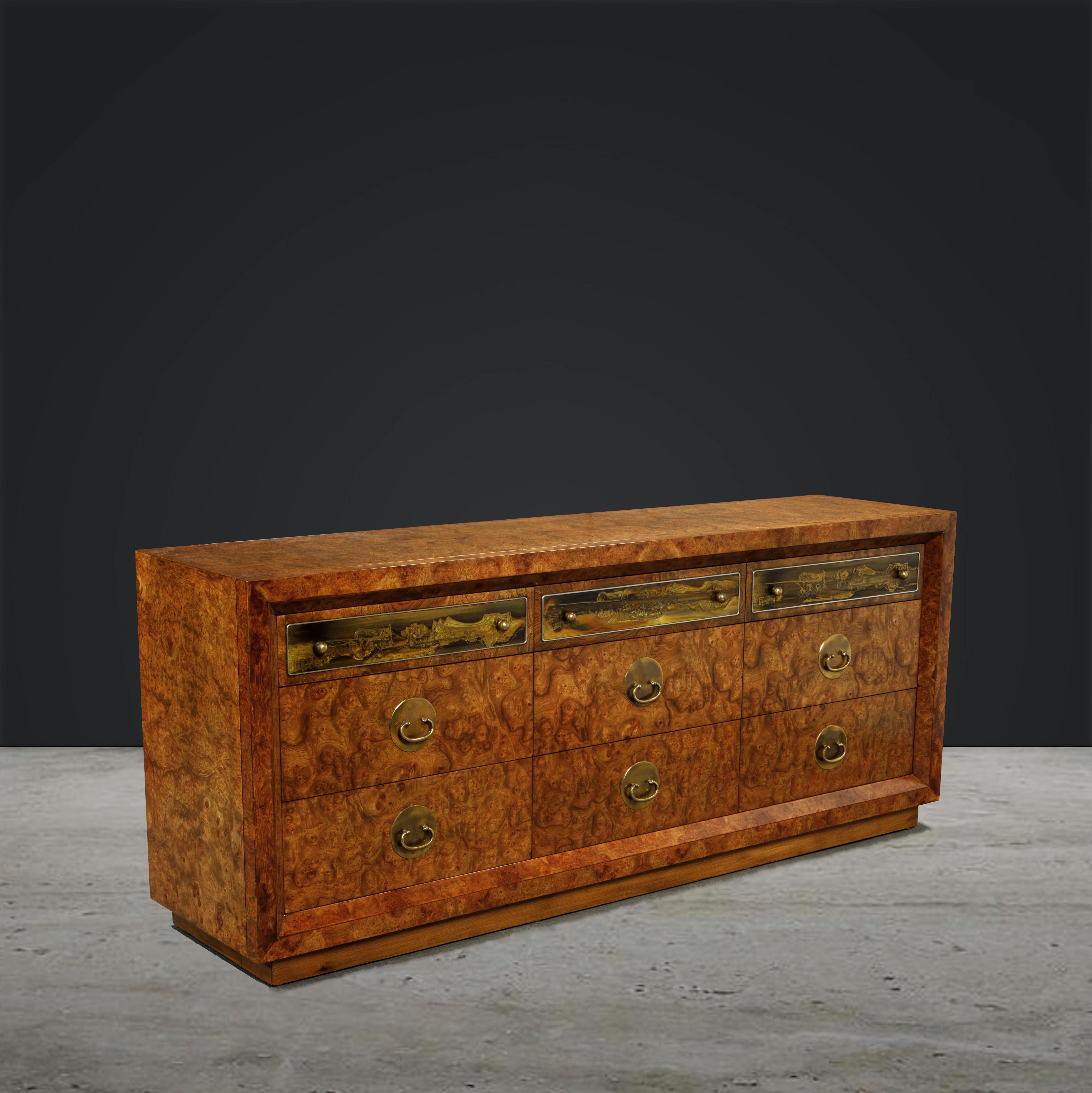 American Burl Wood and Acid-Etched Brass Dresser by Bernhard Rohne for Mastercraft, 1970s
