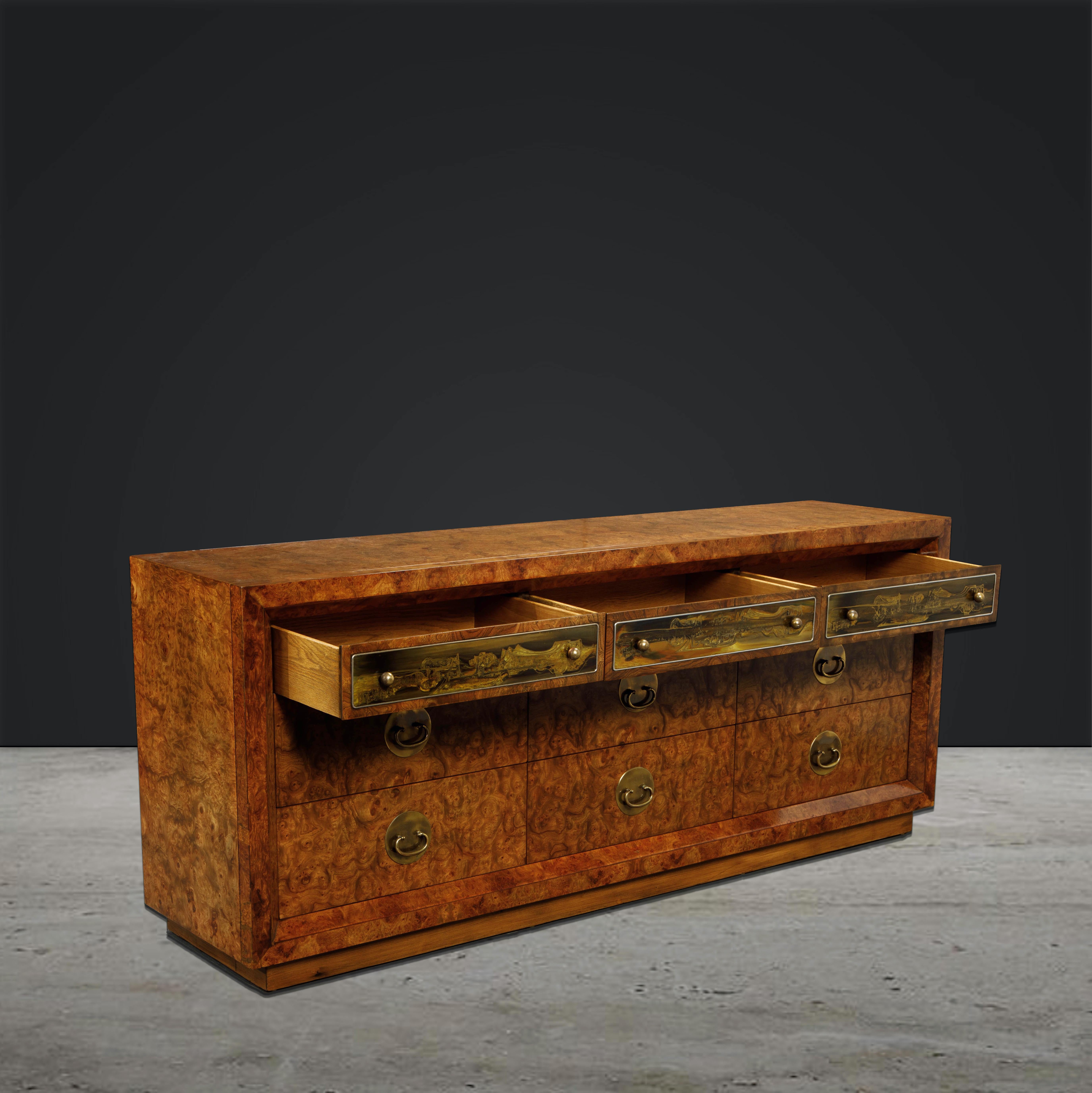 Burl Wood and Acid-Etched Brass Dresser by Bernhard Rohne for Mastercraft, 1970s In Excellent Condition In Los Angeles, CA