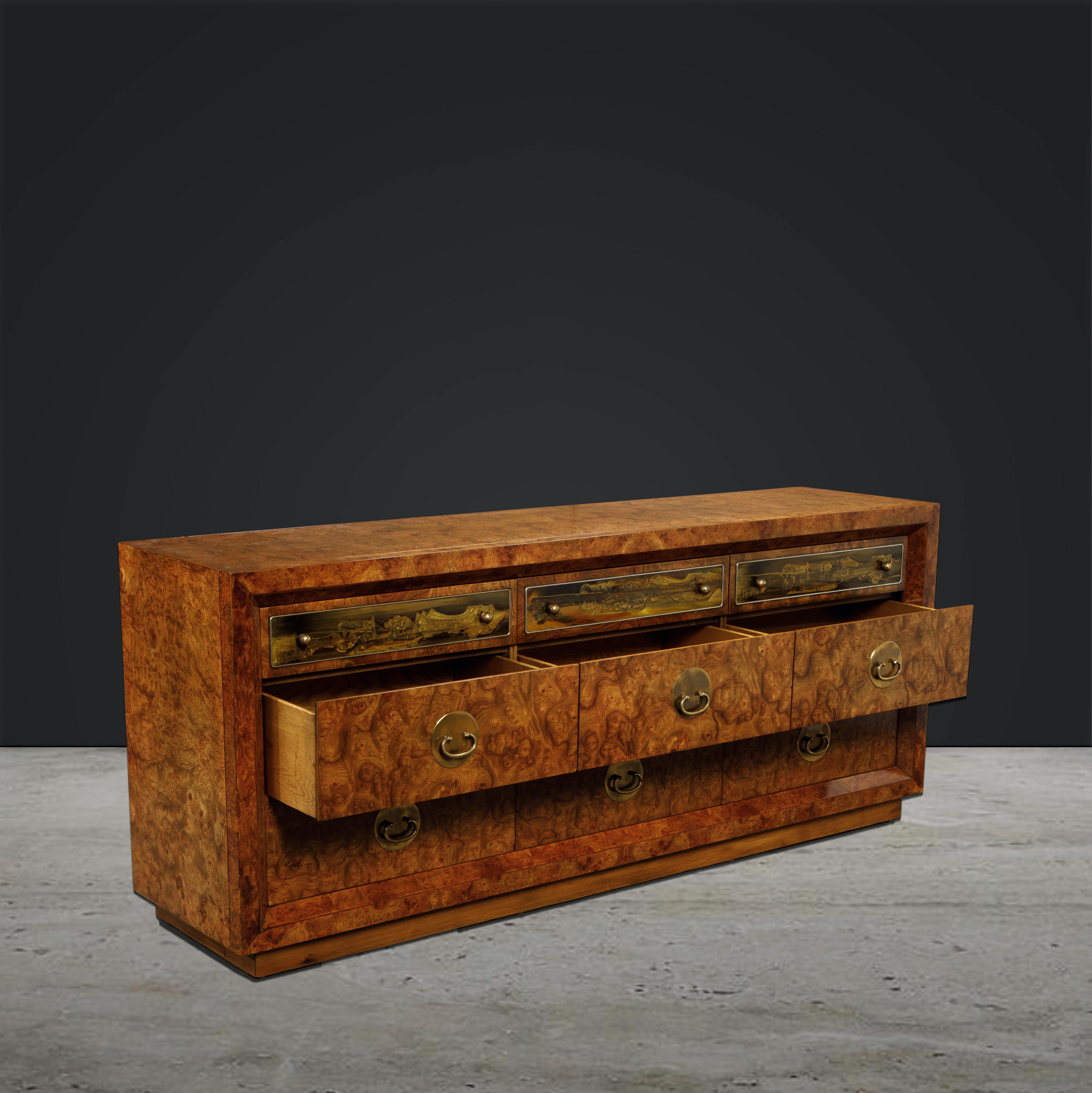 Late 20th Century Burl Wood and Acid-Etched Brass Dresser by Bernhard Rohne for Mastercraft, 1970s