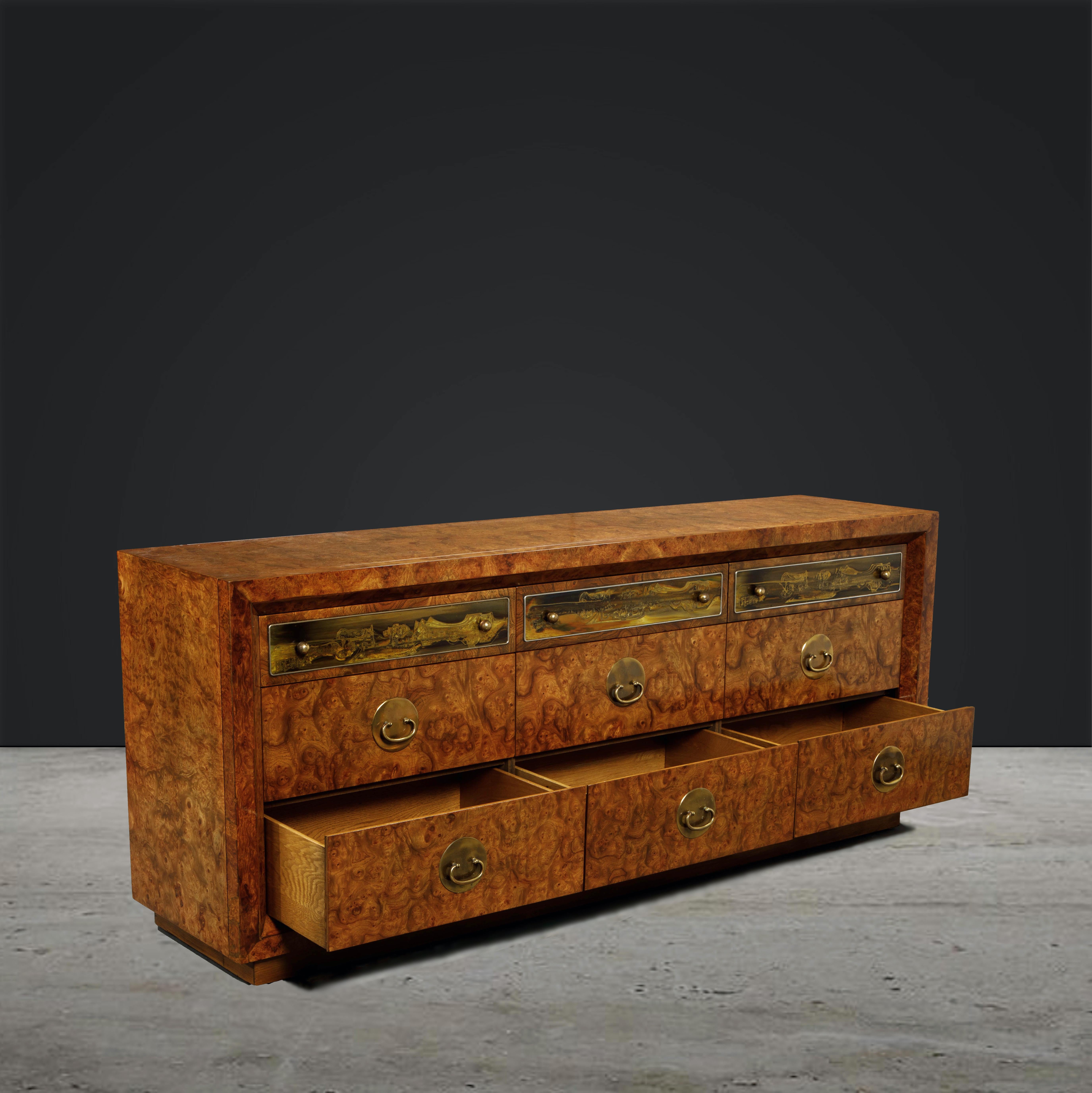 Burl Wood and Acid-Etched Brass Dresser by Bernhard Rohne for Mastercraft, 1970s 1
