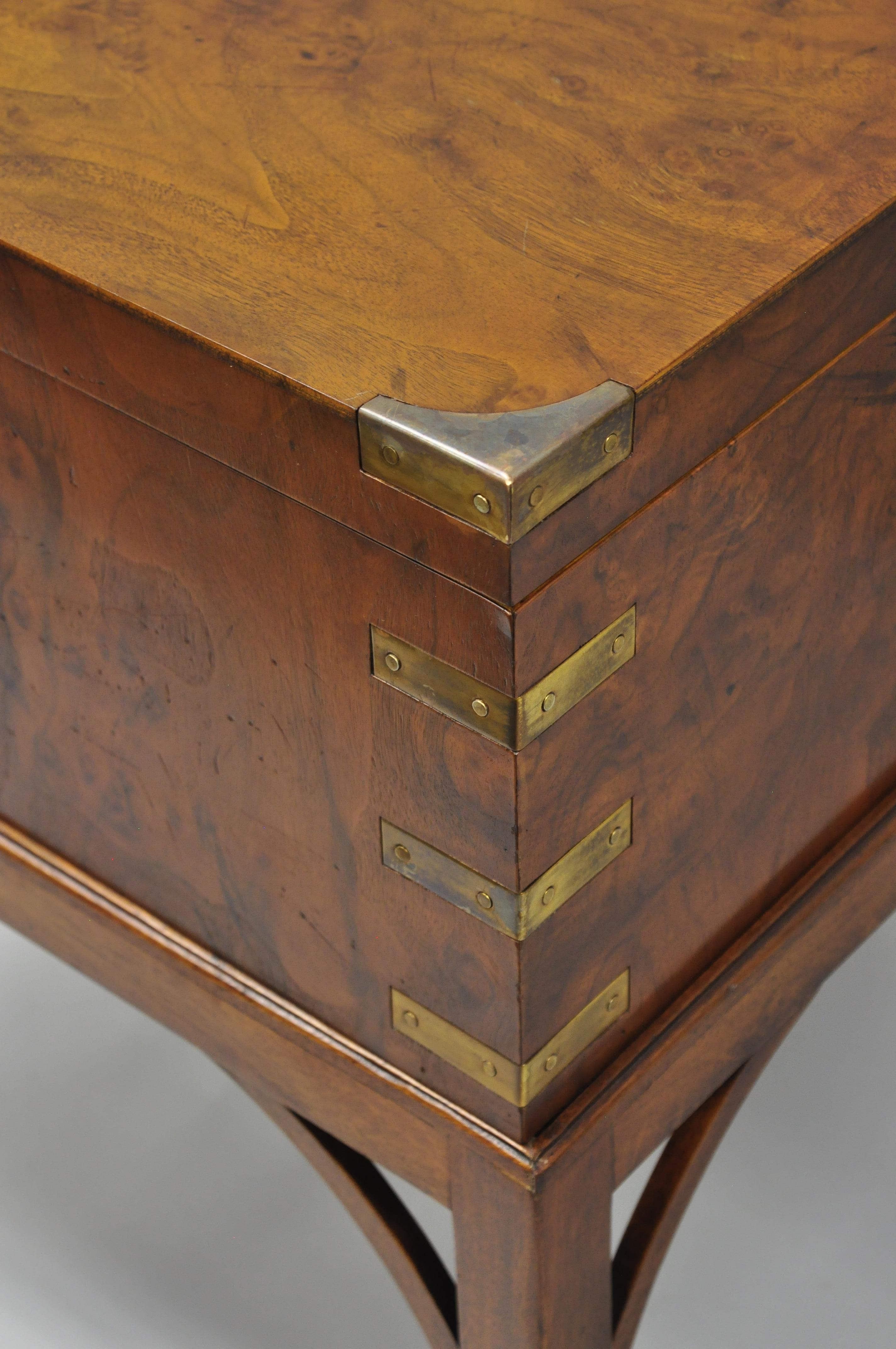 Burl Wood and Brass English Campaign Style Trunk Chest Box on Table Stand 6