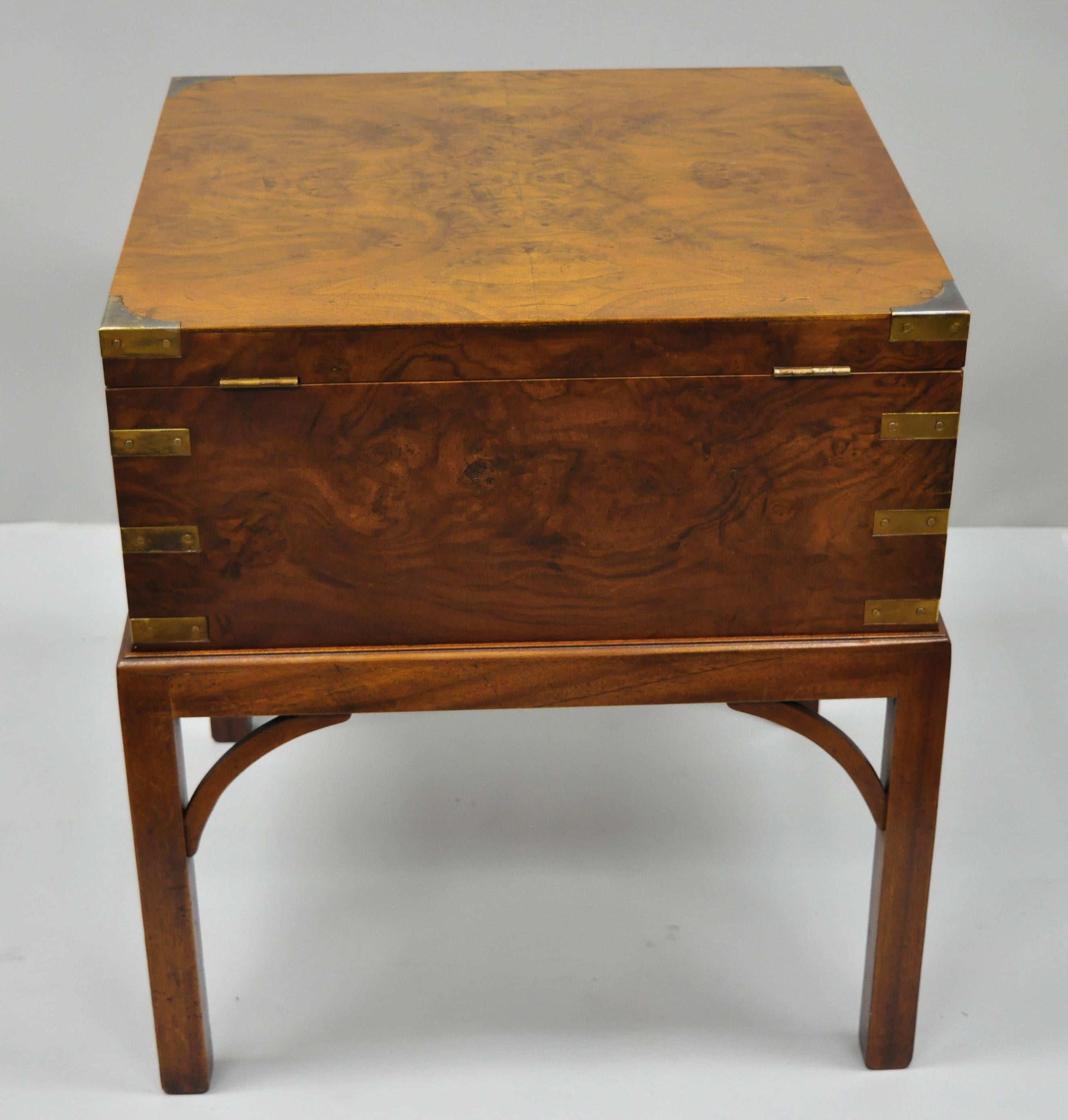 Burl Wood and Brass English Campaign Style Trunk Chest Box on Table Stand 8
