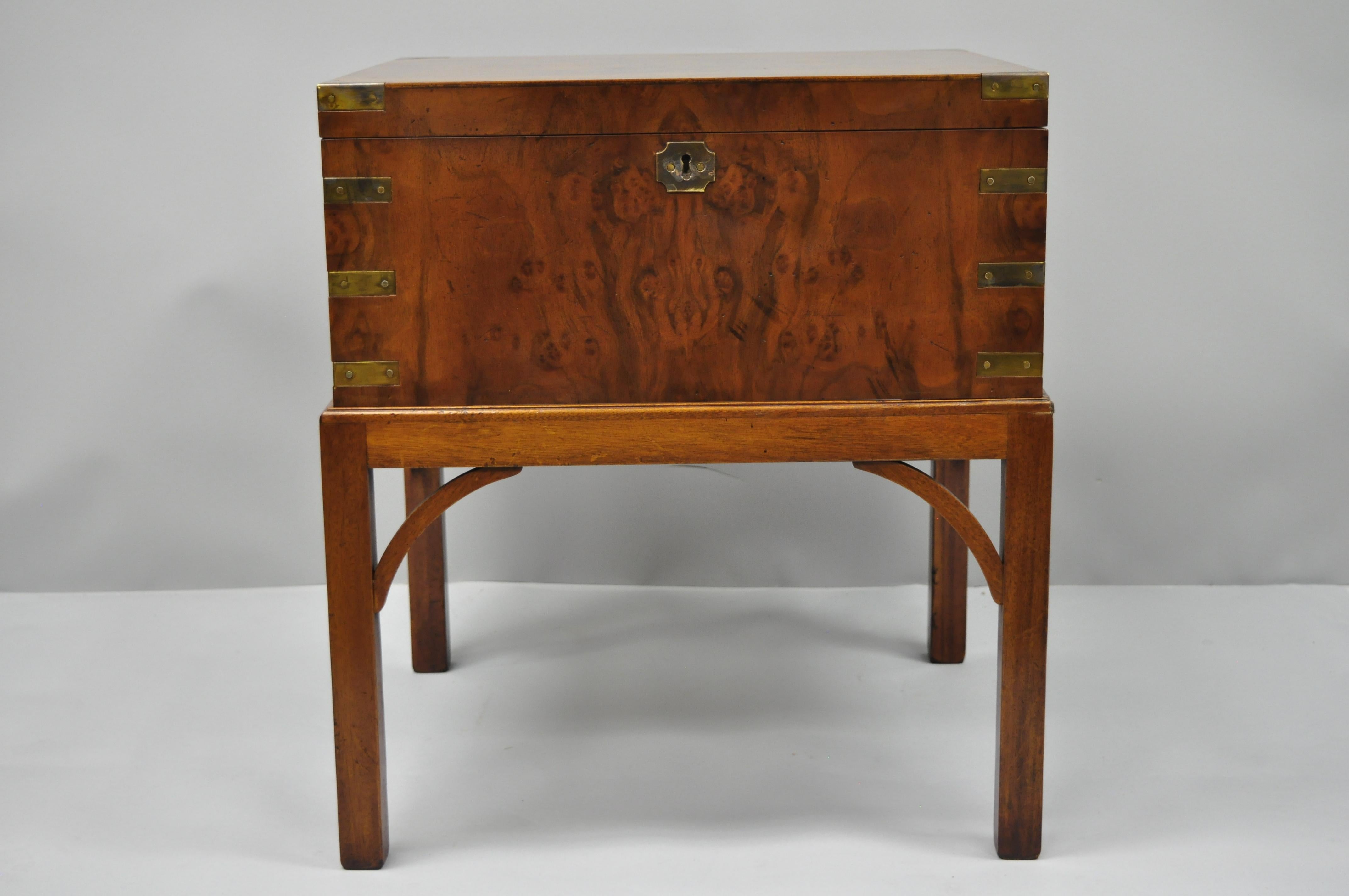 Burl Wood and Brass English Campaign Style Trunk Chest Box on Table Stand In Good Condition In Philadelphia, PA