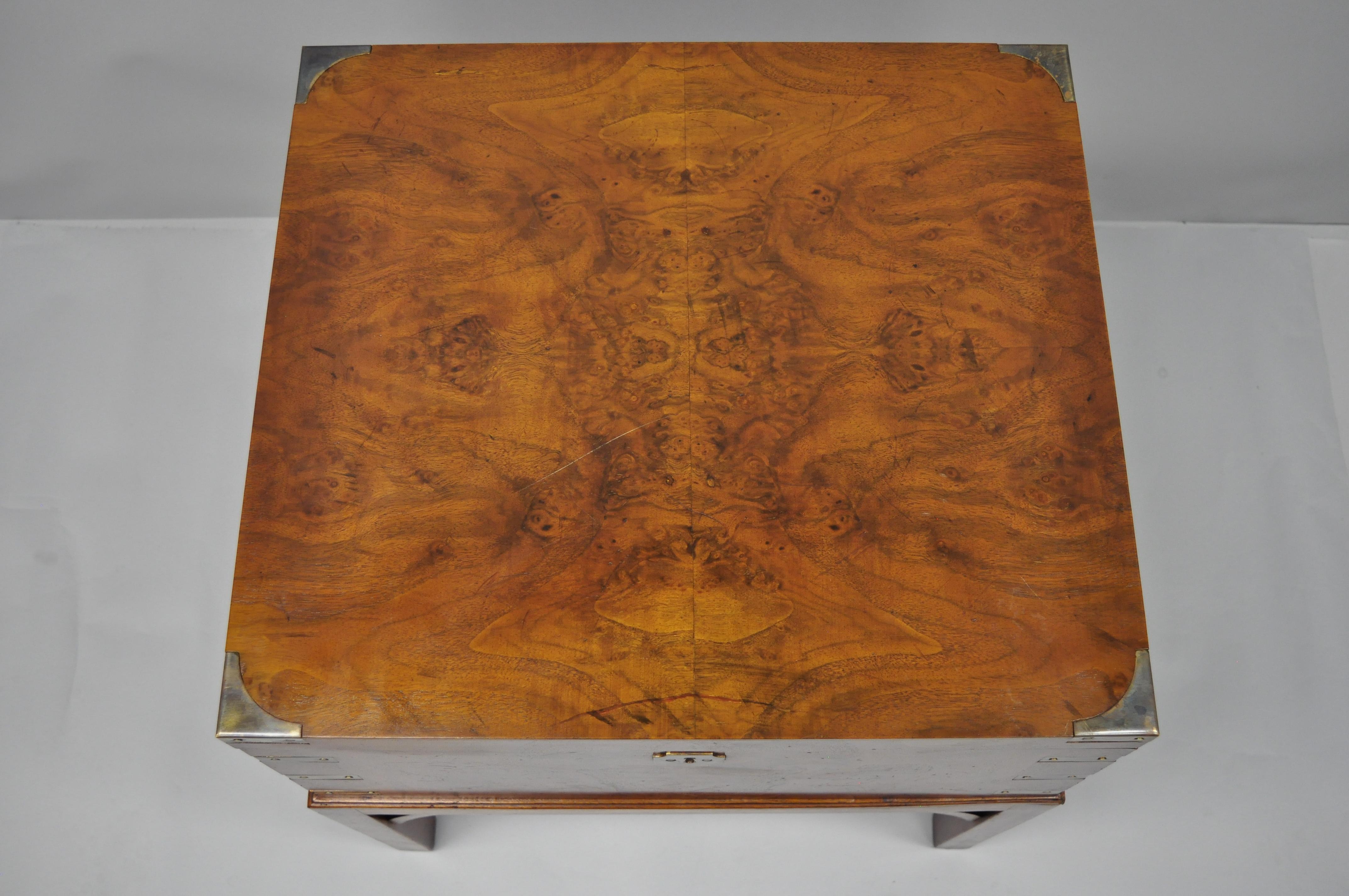 Burl Wood and Brass English Campaign Style Trunk Chest Box on Table Stand 3