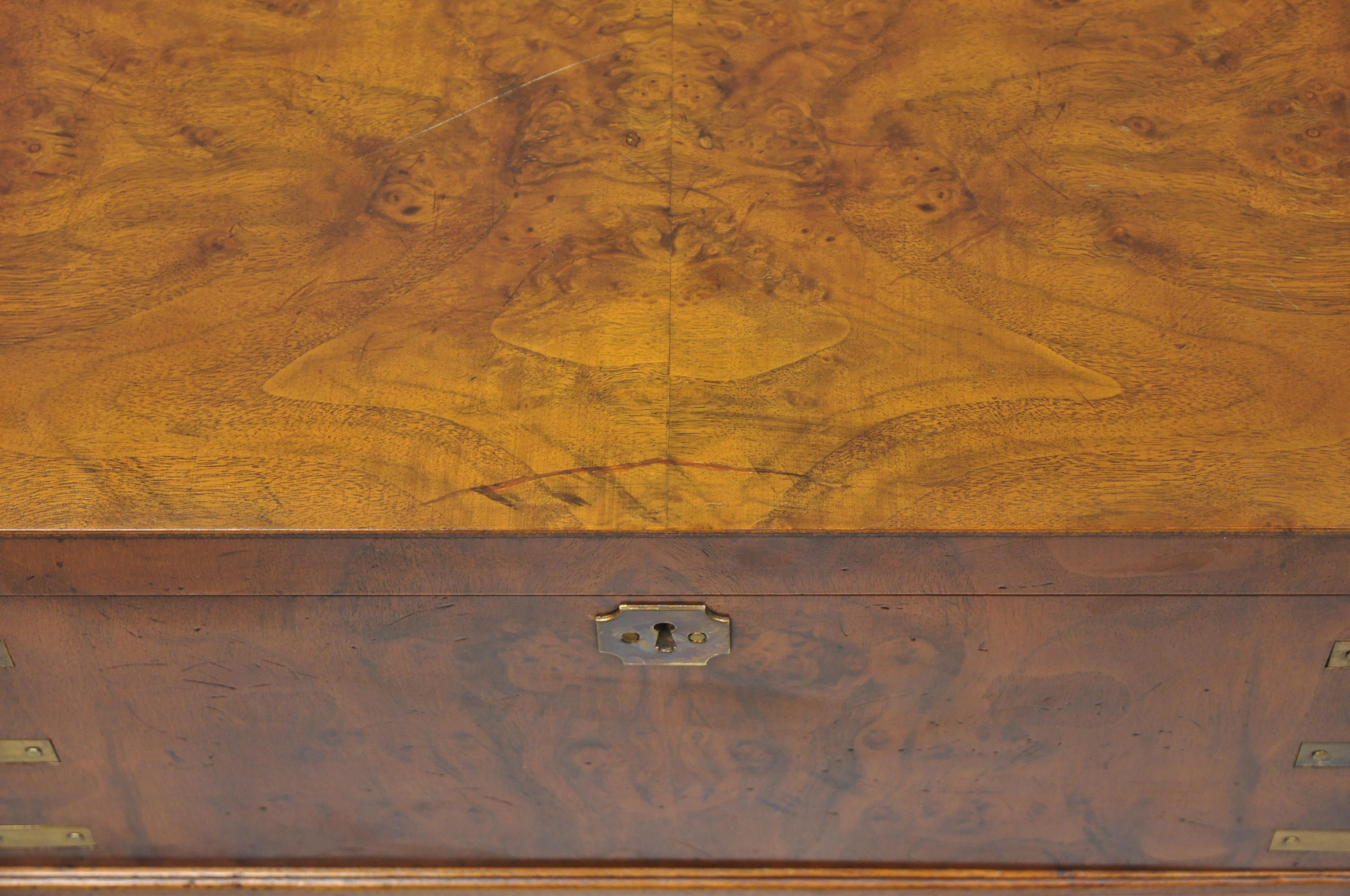 Burl Wood and Brass English Campaign Style Trunk Chest Box on Table Stand 4