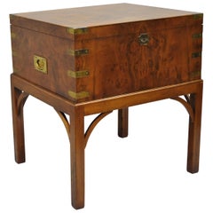 Burl Wood and Brass English Campaign Style Trunk Chest Box on Table Stand