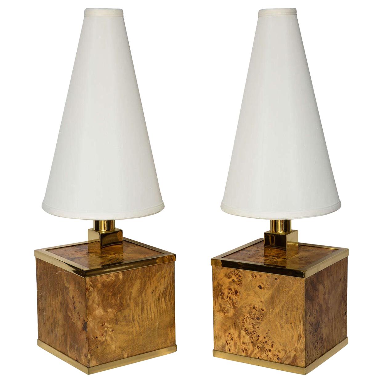 Burl Wood and Brass Lamps Attributed to Romeo Rega