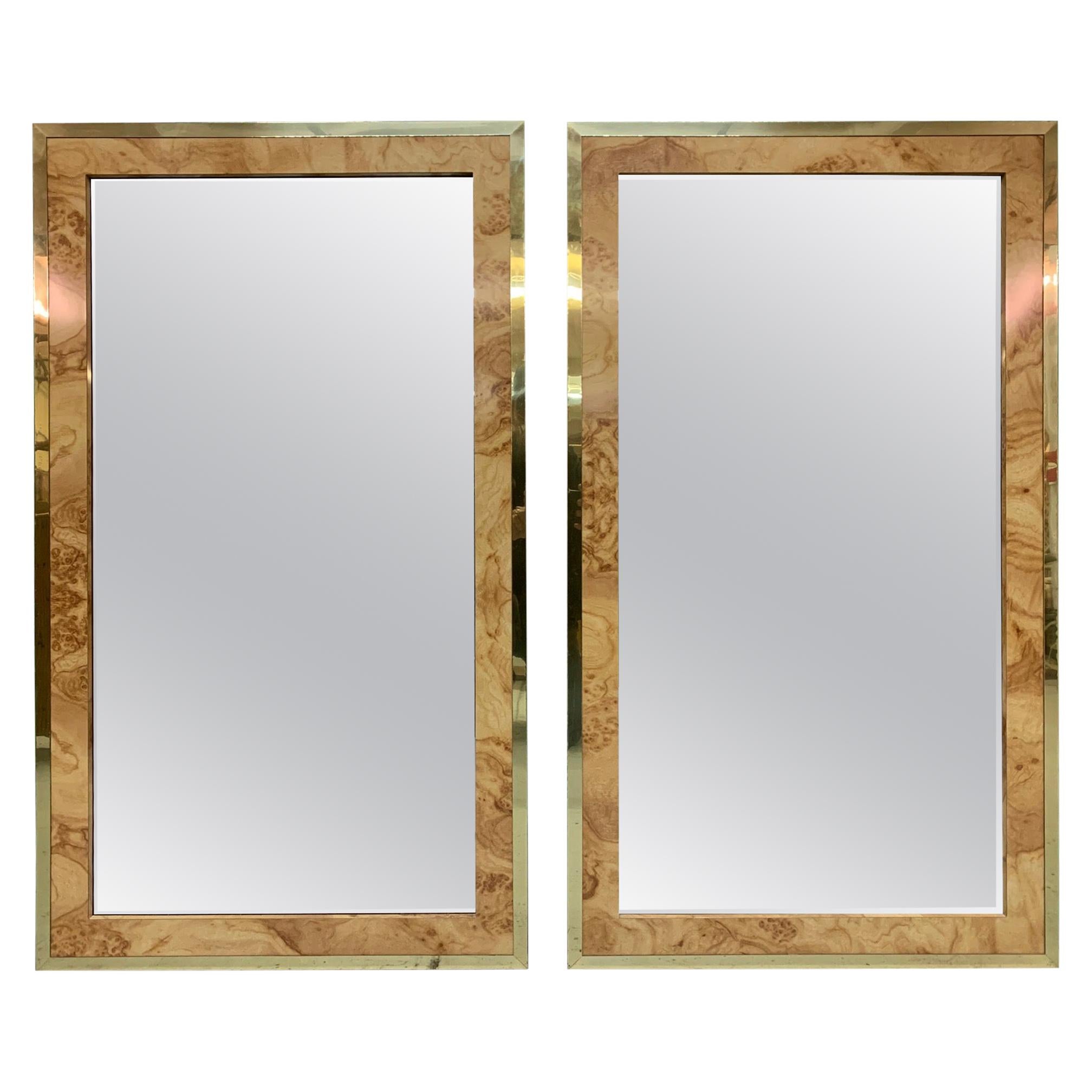 Burl Wood and Brass Wall Mirrors, a Pair