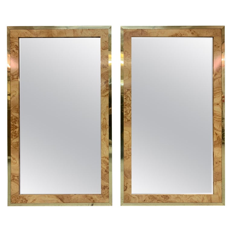 Burl Wood and Brass Wall Mirrors, a Pair For Sale at 1stdibs