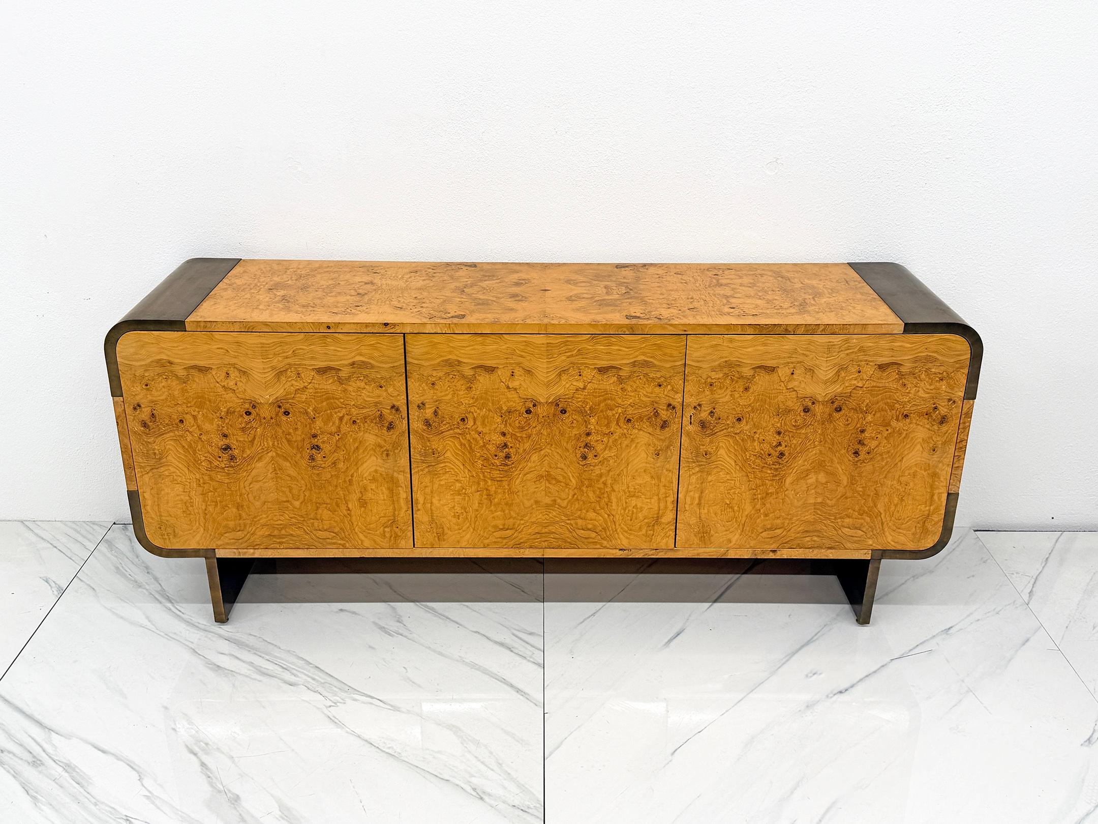 Burl Wood and Burnished Bronze Credenza, Leon Rosen, Pace Collection, 1970's For Sale 5