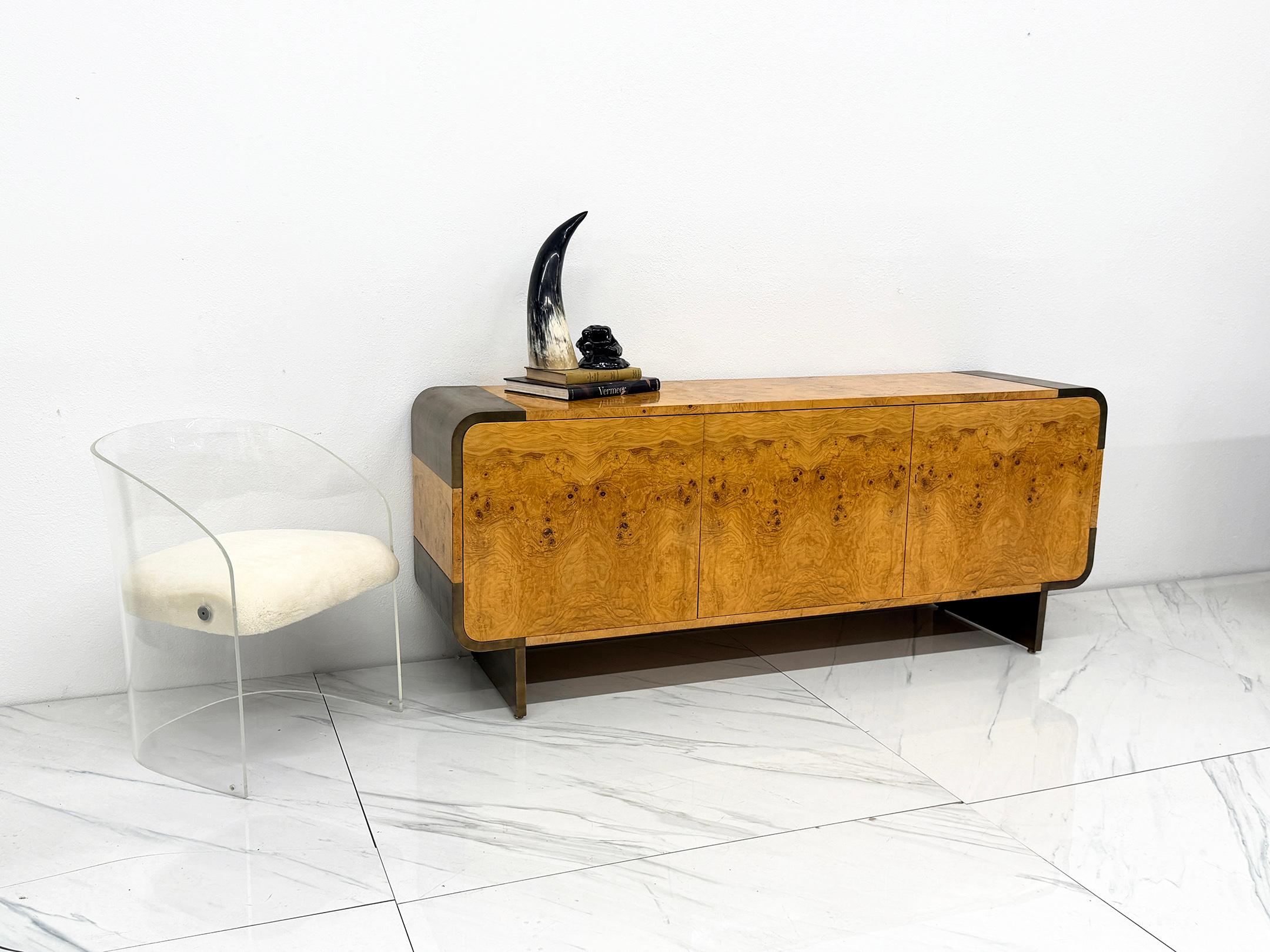 Mid-Century Modern Burl Wood and Burnished Bronze Credenza, Leon Rosen, Pace Collection, 1970's For Sale
