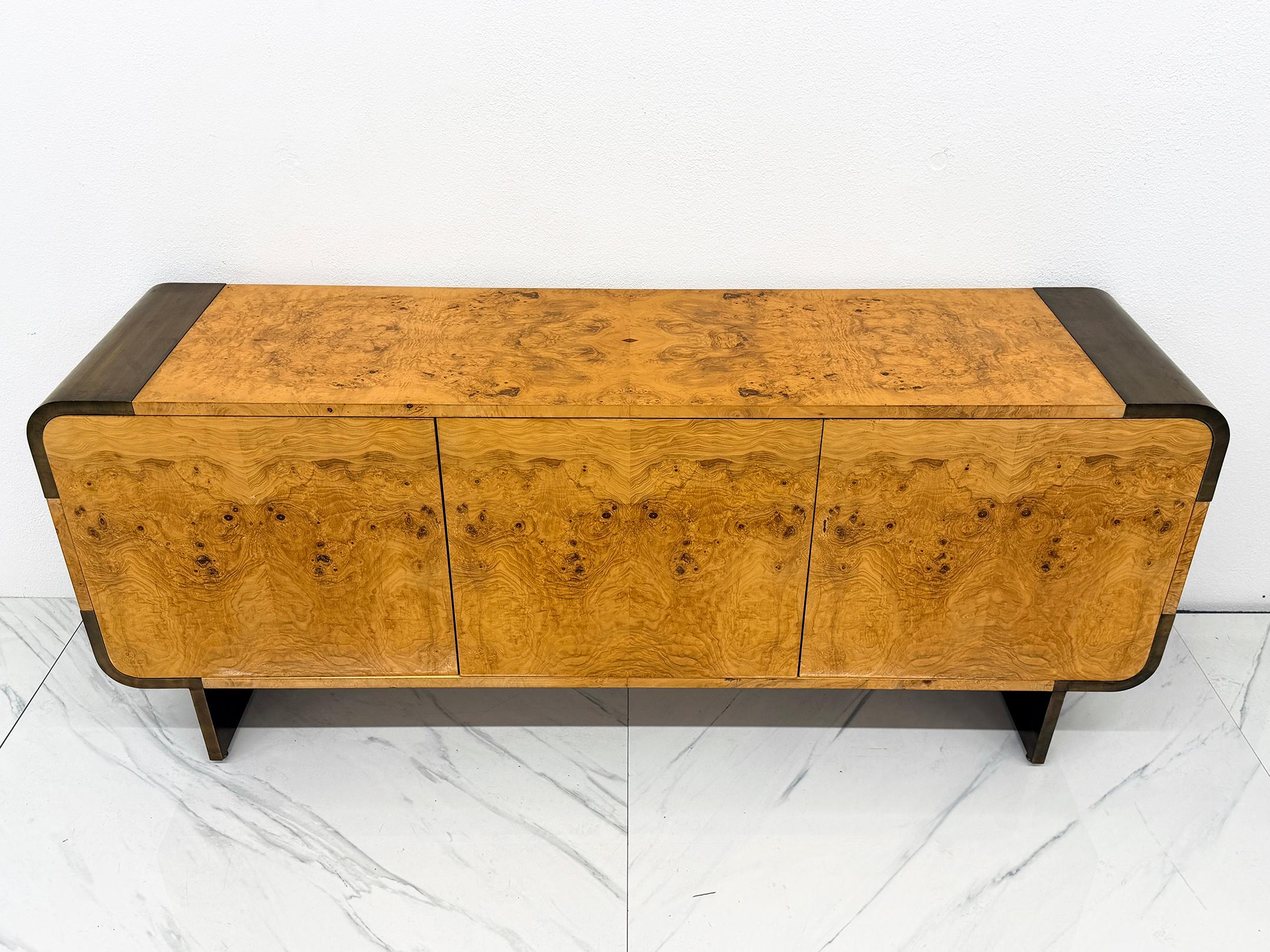 Burl Wood and Burnished Bronze Credenza, Leon Rosen, Pace Collection, 1970's In Good Condition For Sale In Culver City, CA
