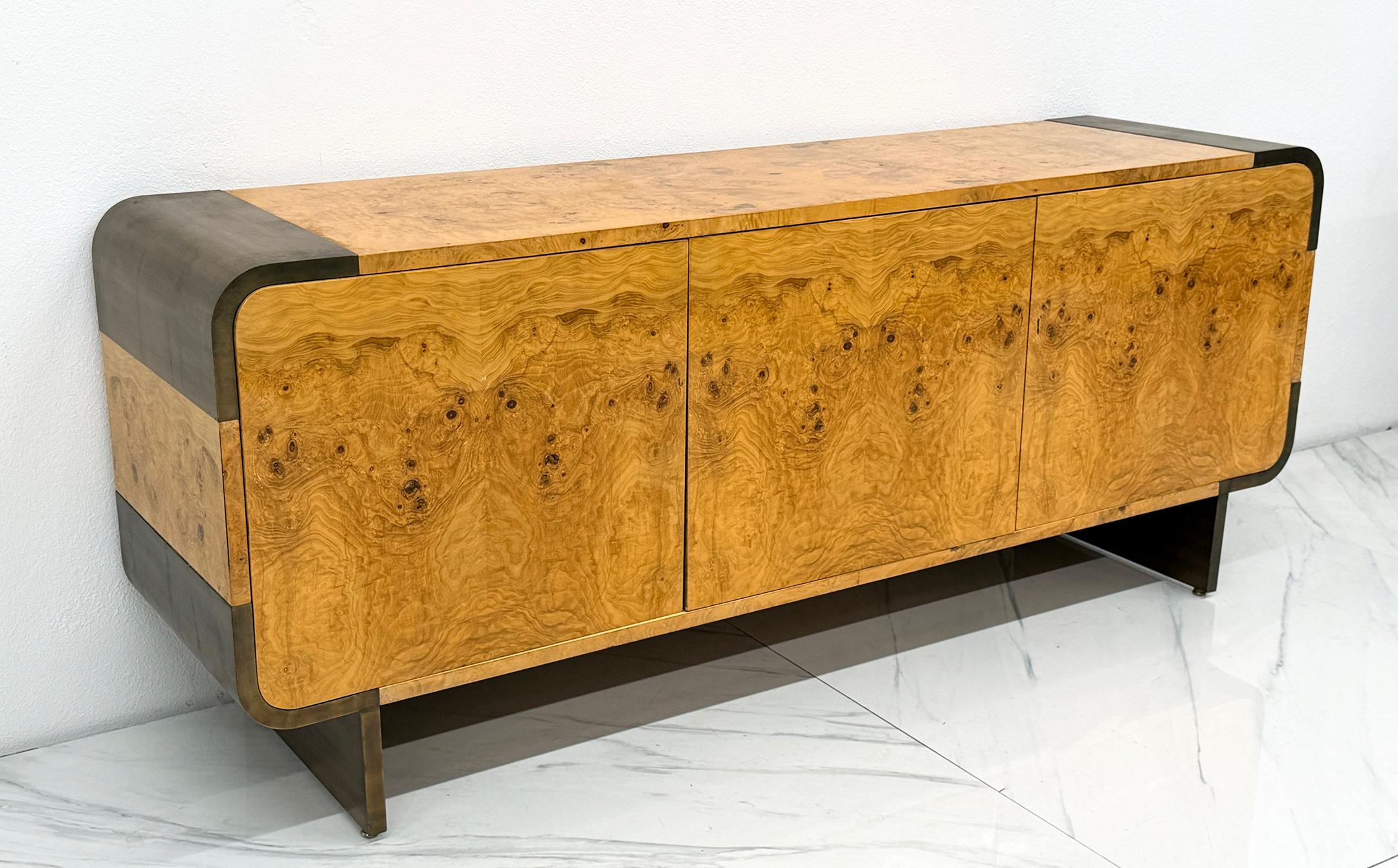 Burl Wood and Burnished Bronze Credenza, Leon Rosen, Pace Collection, 1970's For Sale 1