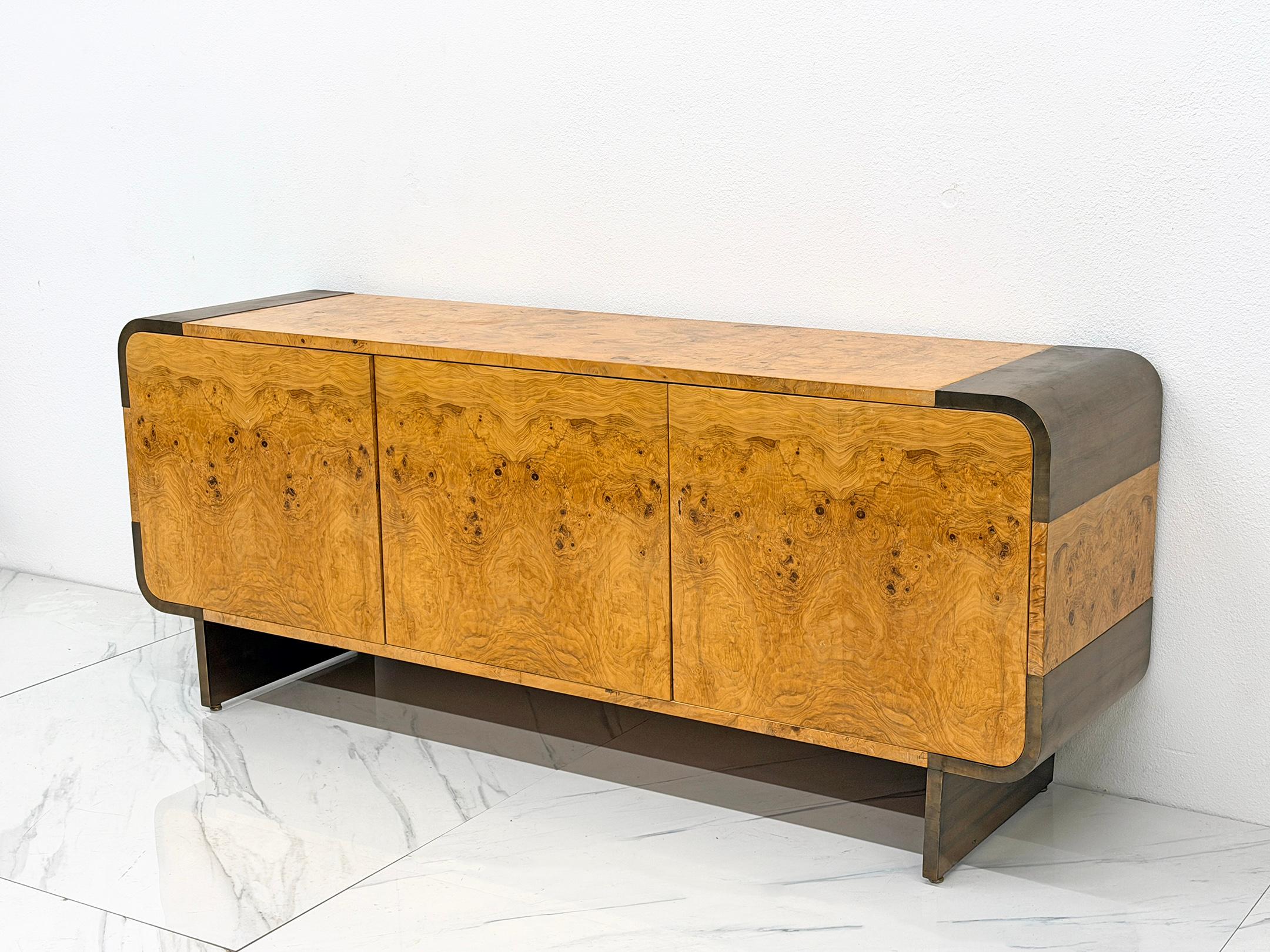 Burl Wood and Burnished Bronze Credenza, Leon Rosen, Pace Collection, 1970's For Sale 2