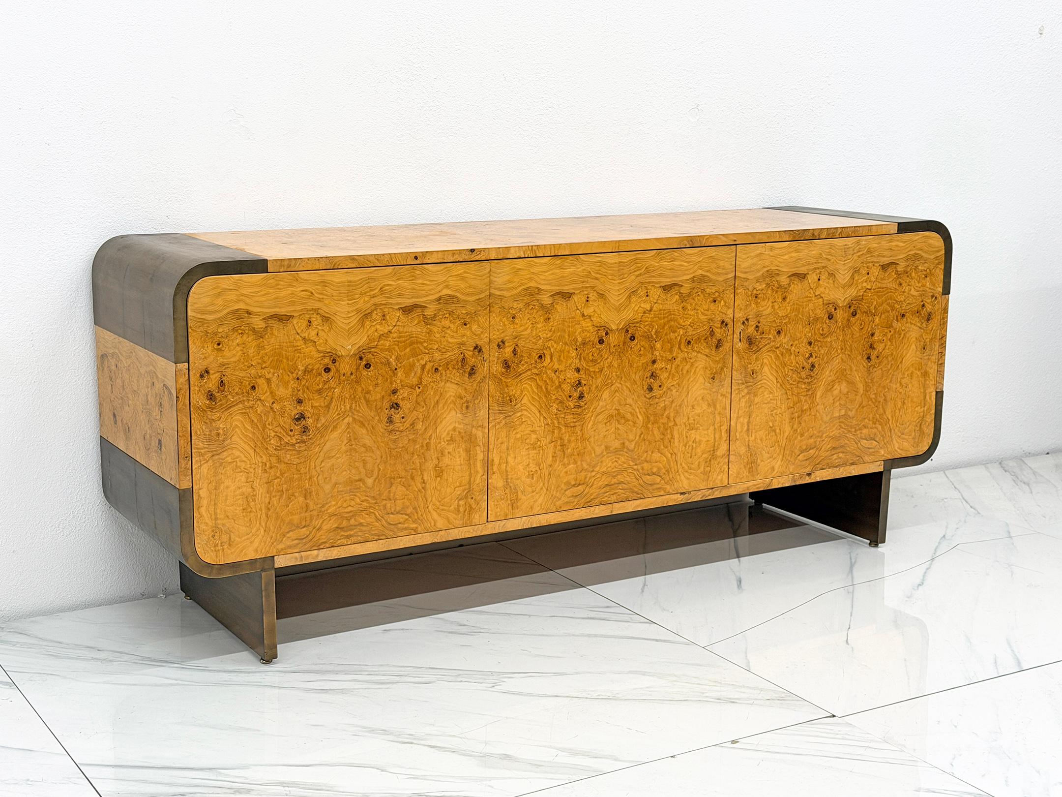 Burl Wood and Burnished Bronze Credenza, Leon Rosen, Pace Collection, 1970's For Sale 3