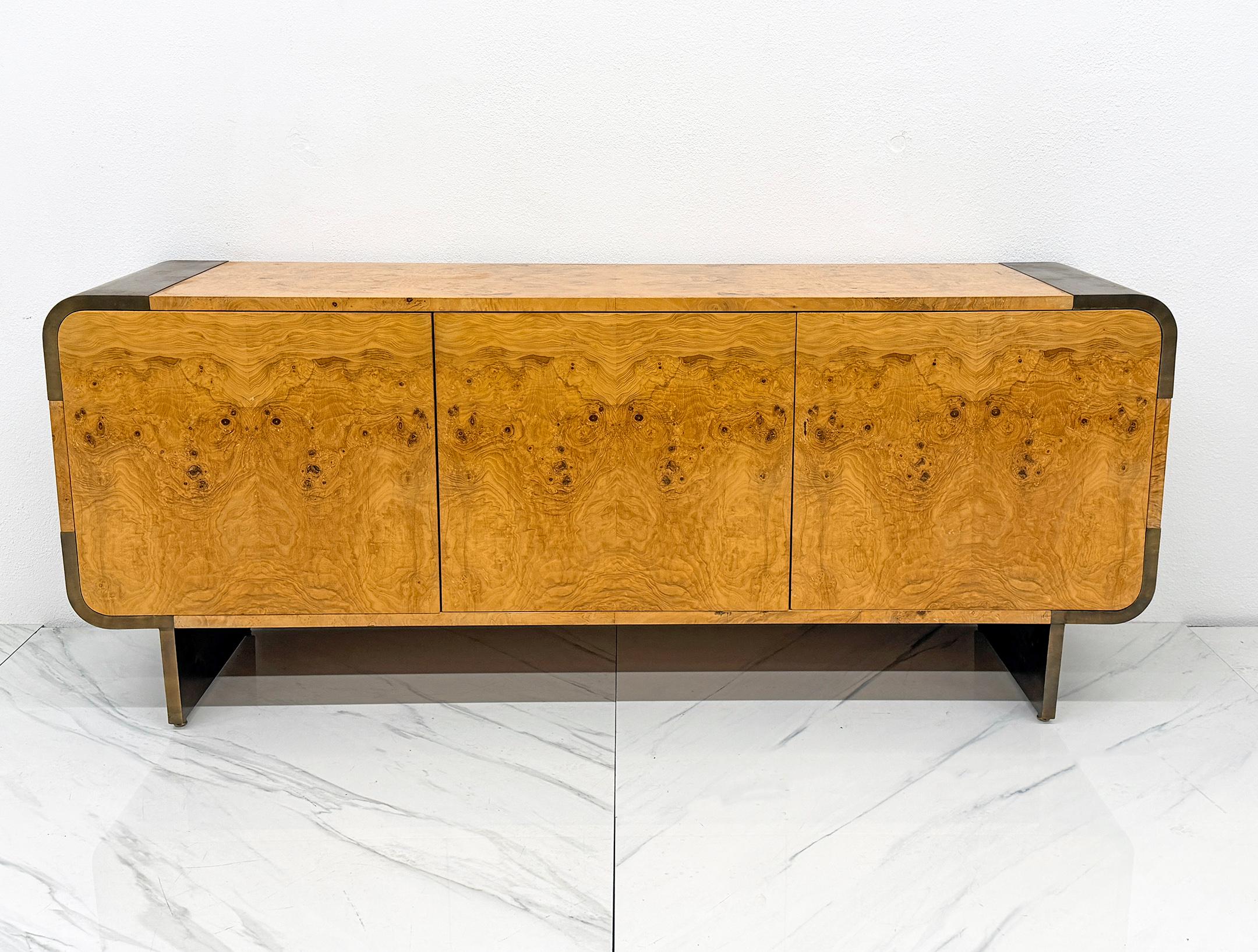Burl Wood and Burnished Bronze Credenza, Leon Rosen, Pace Collection, 1970's For Sale 4