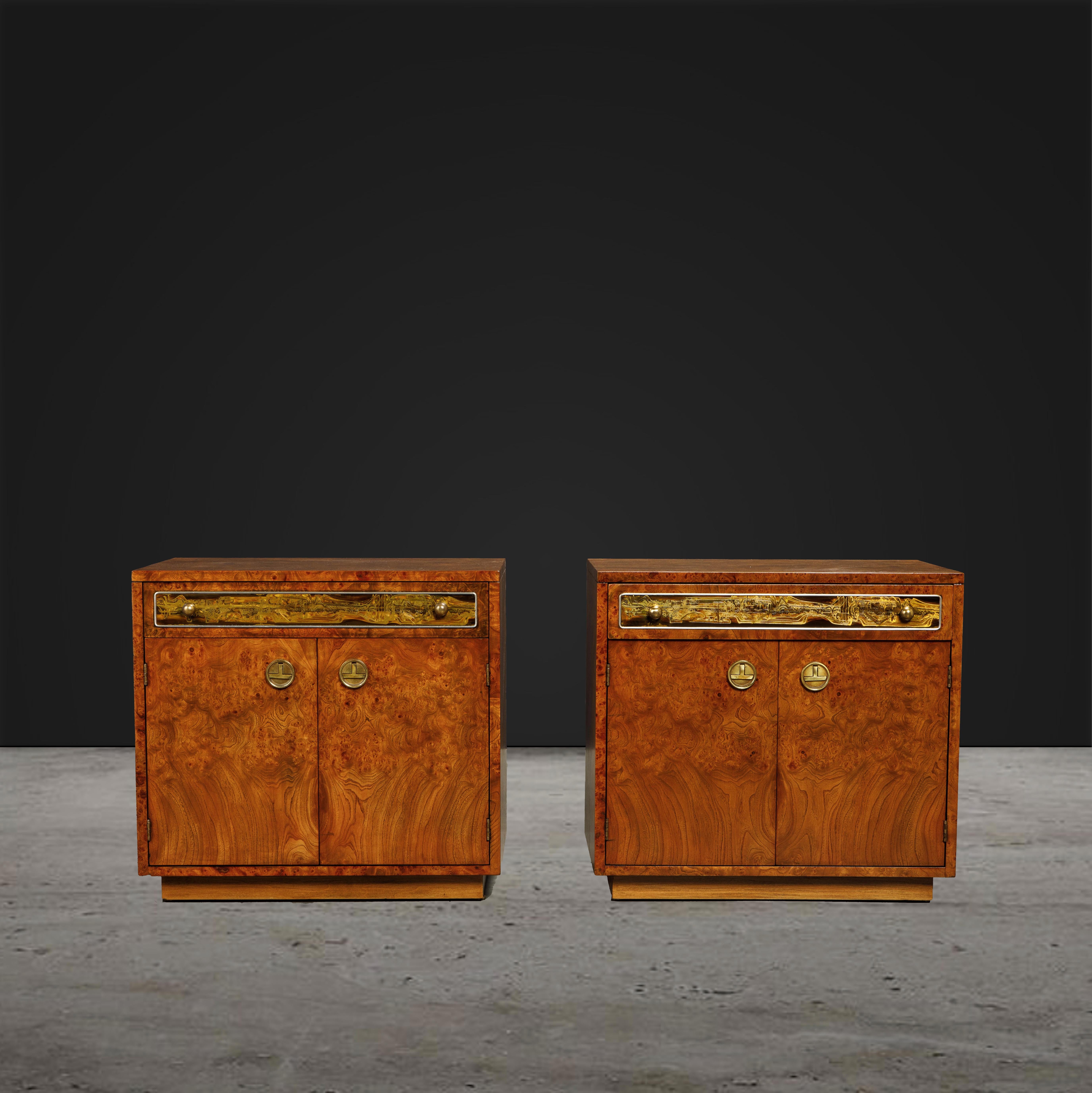 These newly refinished nightstands by Bernhard Rohne for Mastercraft are simply incredible, from the striking deep grained burl to the refined brass pulls and mesmerizing acid-etched art panels - this is the perfect finishing piece for a