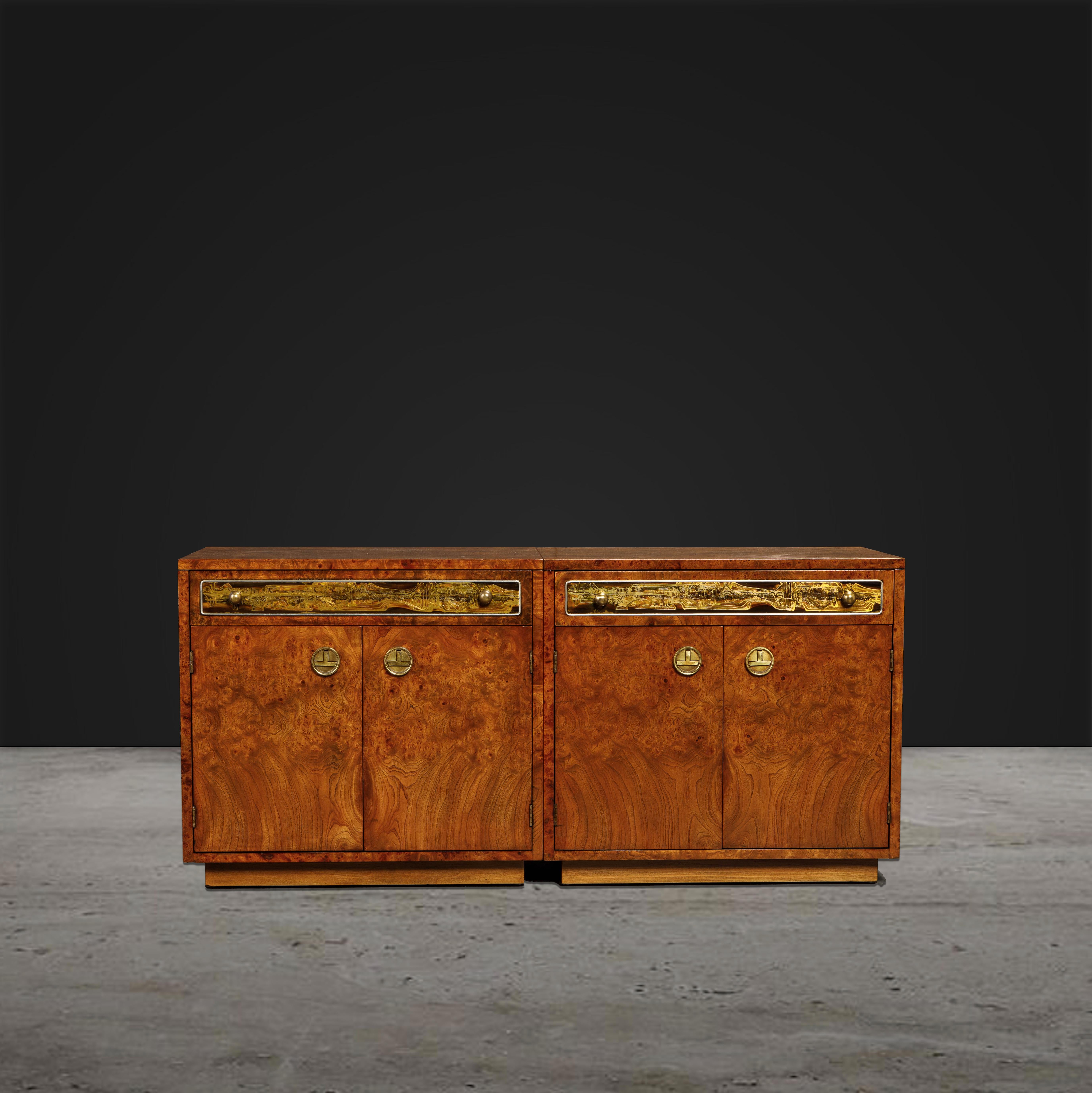 Mid-Century Modern Burl Wood and Etched Brass Nightstands by Bernhard Rohne for Mastercraft, 1970s