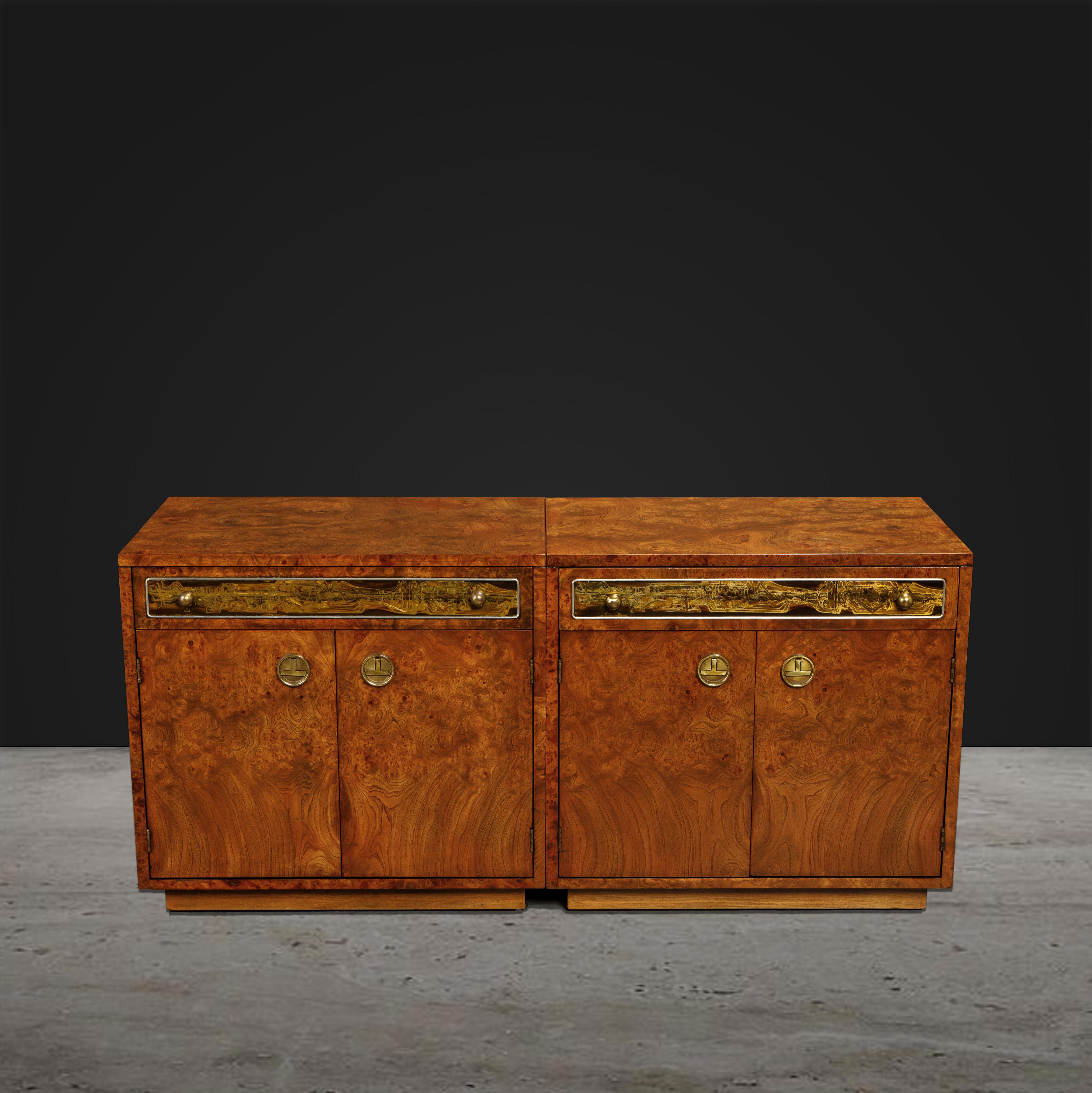 American Burl Wood and Etched Brass Nightstands by Bernhard Rohne for Mastercraft, 1970s