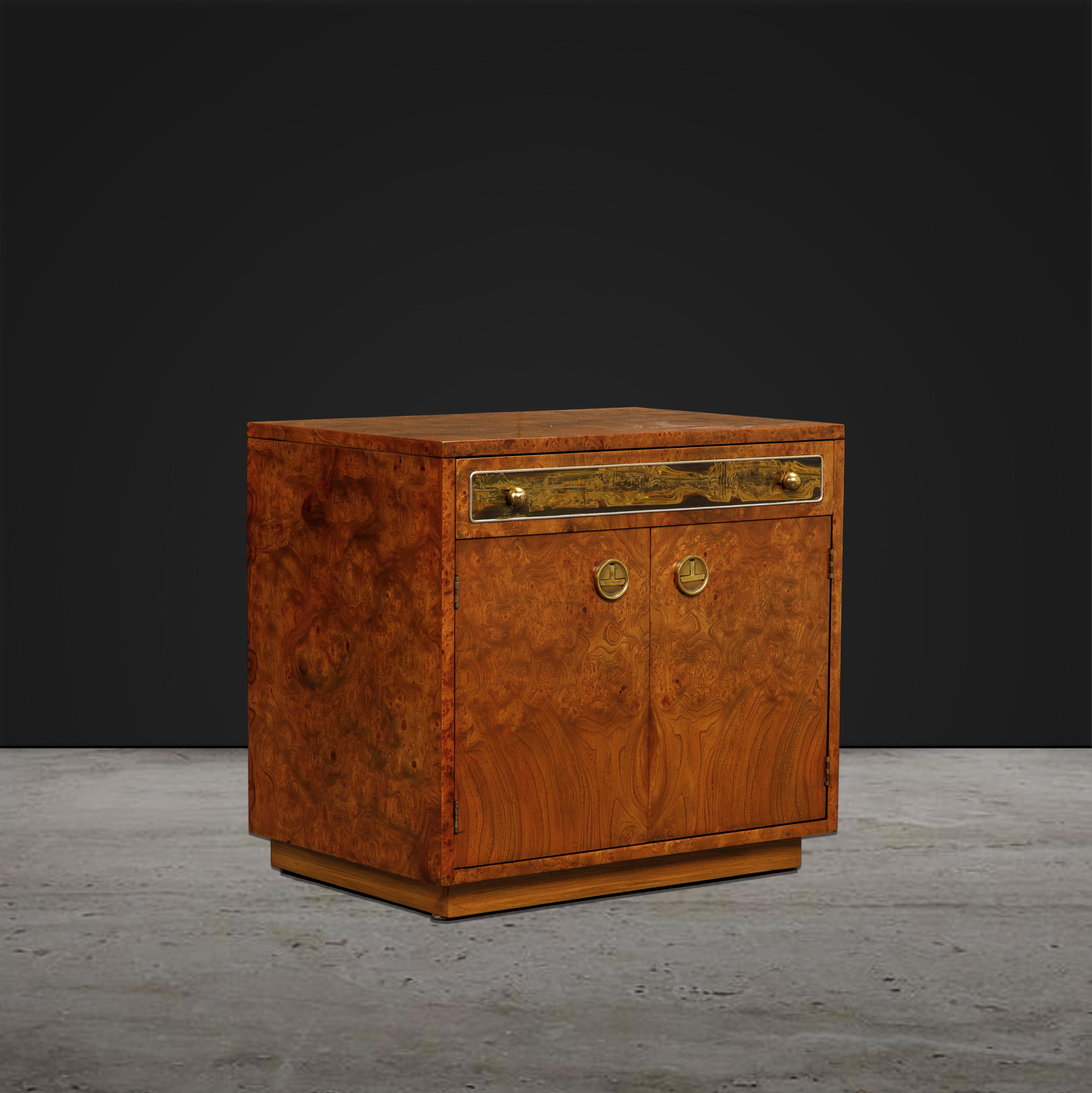 Burl Wood and Etched Brass Nightstands by Bernhard Rohne for Mastercraft, 1970s 2