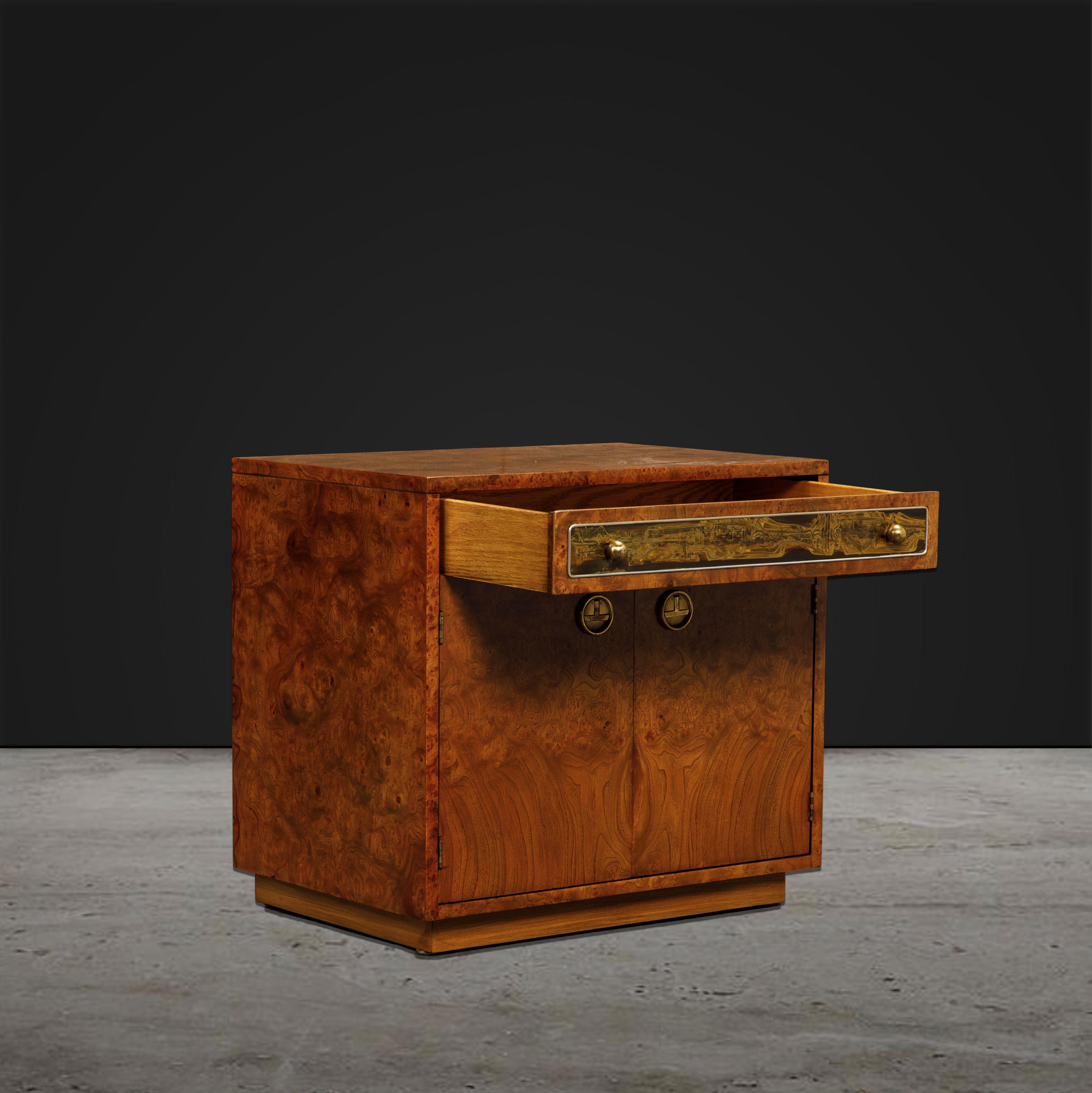 Burl Wood and Etched Brass Nightstands by Bernhard Rohne for Mastercraft, 1970s 3