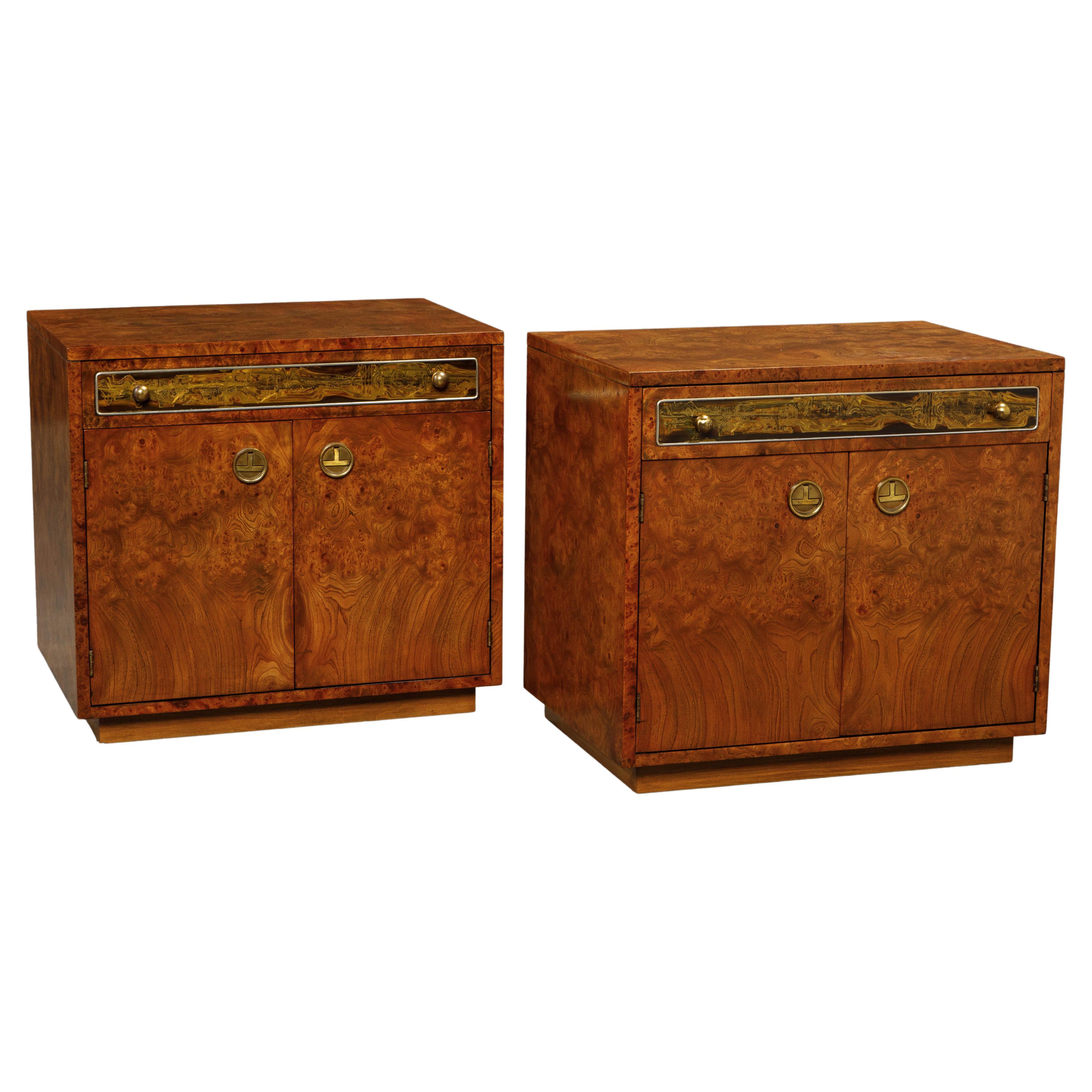 Burl Wood and Etched Brass Nightstands by Bernhard Rohne for Mastercraft, 1970s