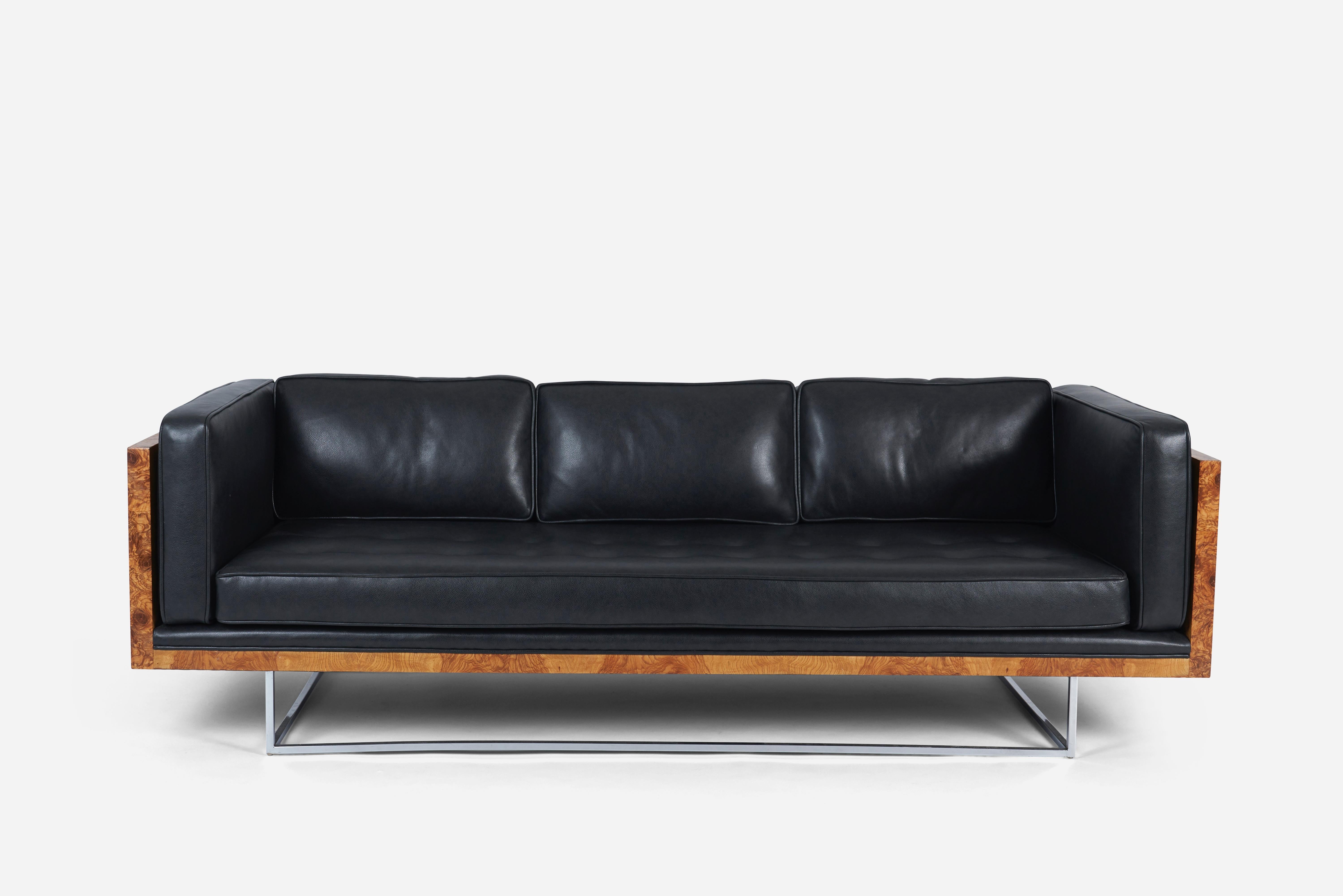 Burl wood case sofa by Milo Baughman for Thayer Coggin. Fully restored figural burl wood case with new foam, feathers, and new black leather upholstery.