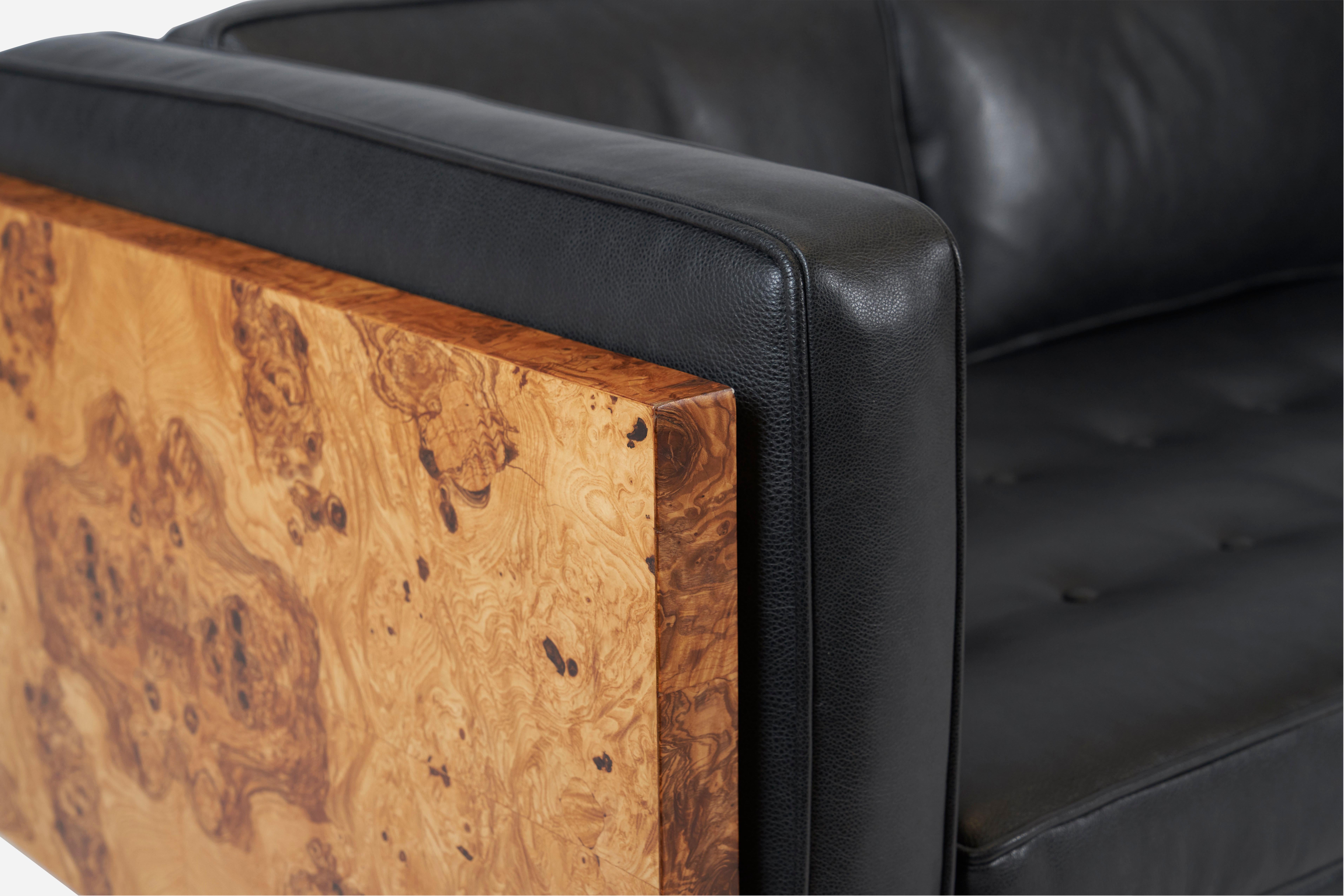 Mid-Century Modern Burl Wood and Leather Case Sofa on Chrome Frame by Milo Baughman