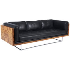 Burl Wood and Leather Case Sofa on Chrome Frame by Milo Baughman