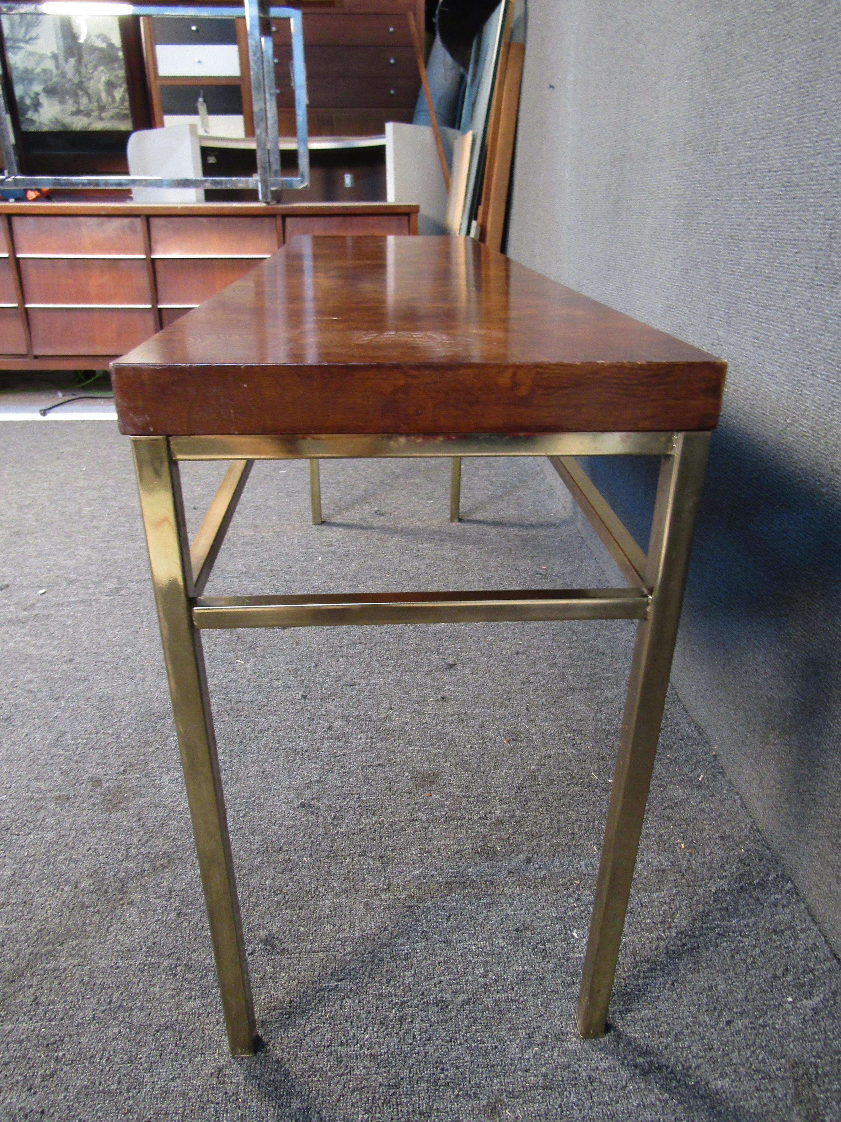 Mid-Century Modern Burl Wood and Metal Console Table For Sale
