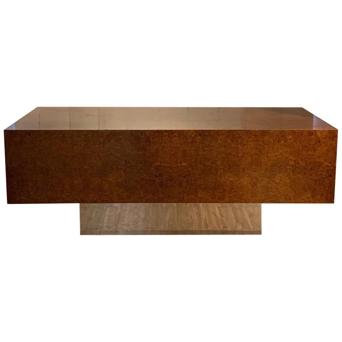 Burl Wood and Polished Steel Desk by Leon Rosen for Pace Collection, circa 1970