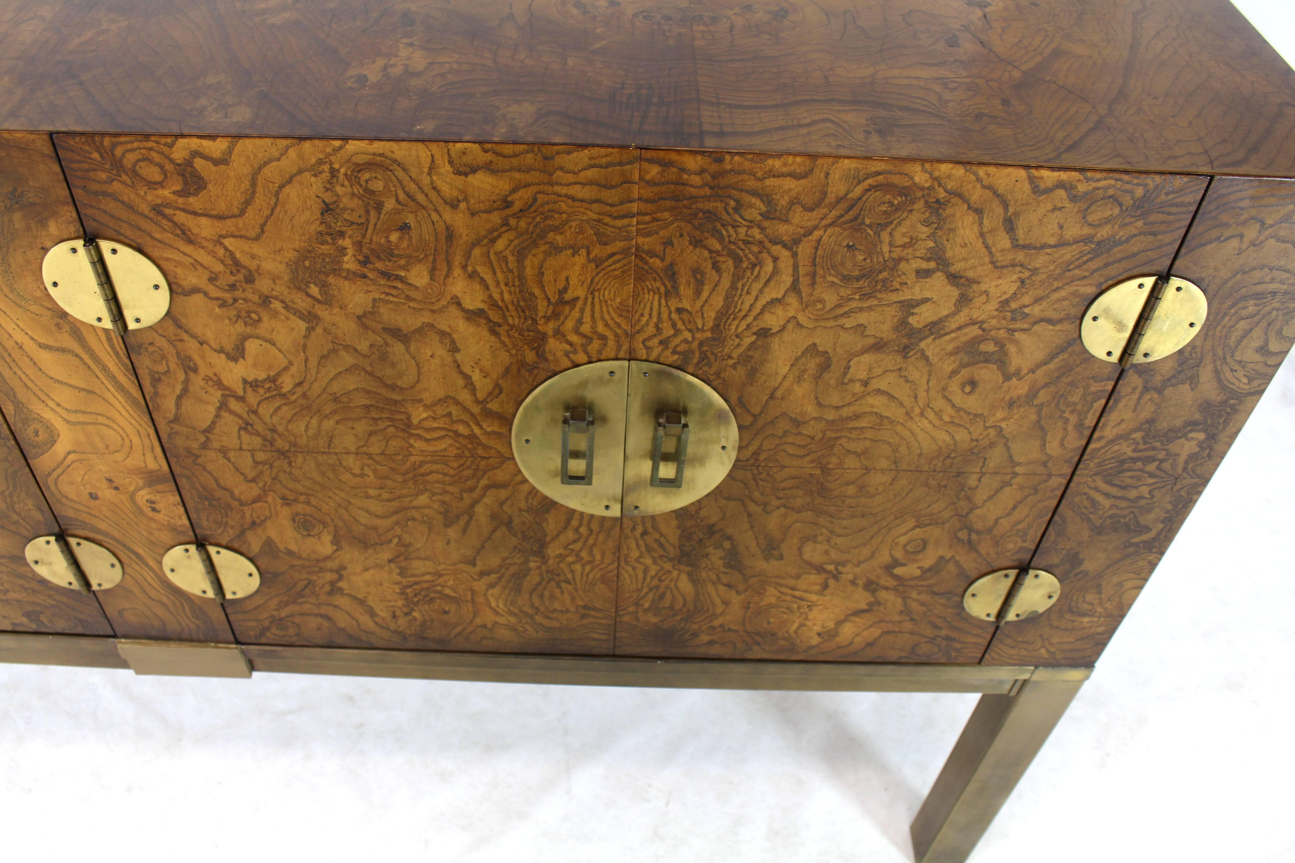 Mid-Century Modern Burl Wood and Solid Brass Hardware Compact Double Doors Credenza