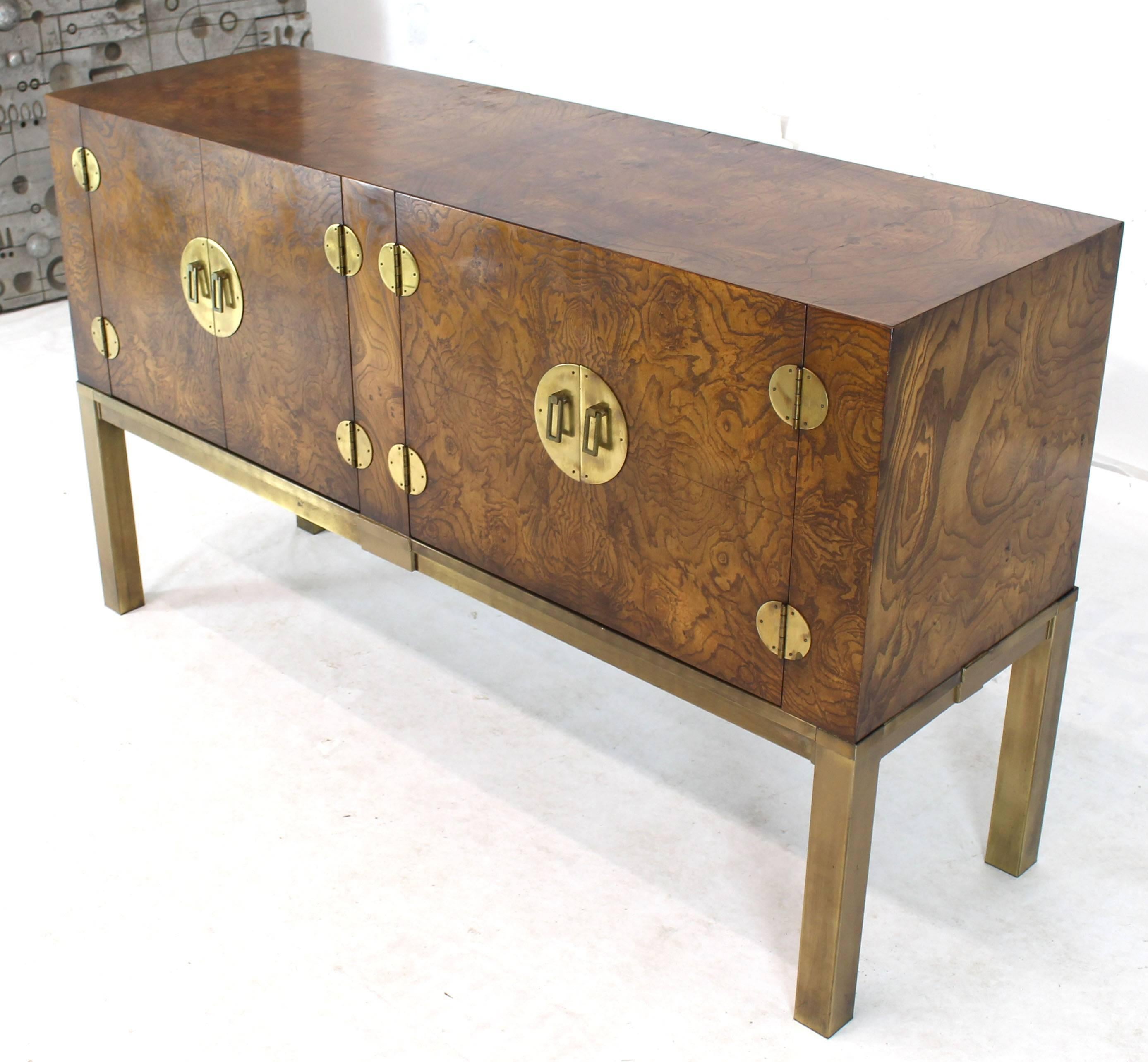 Lacquered Burl Wood and Solid Brass Hardware Compact Double Doors Credenza