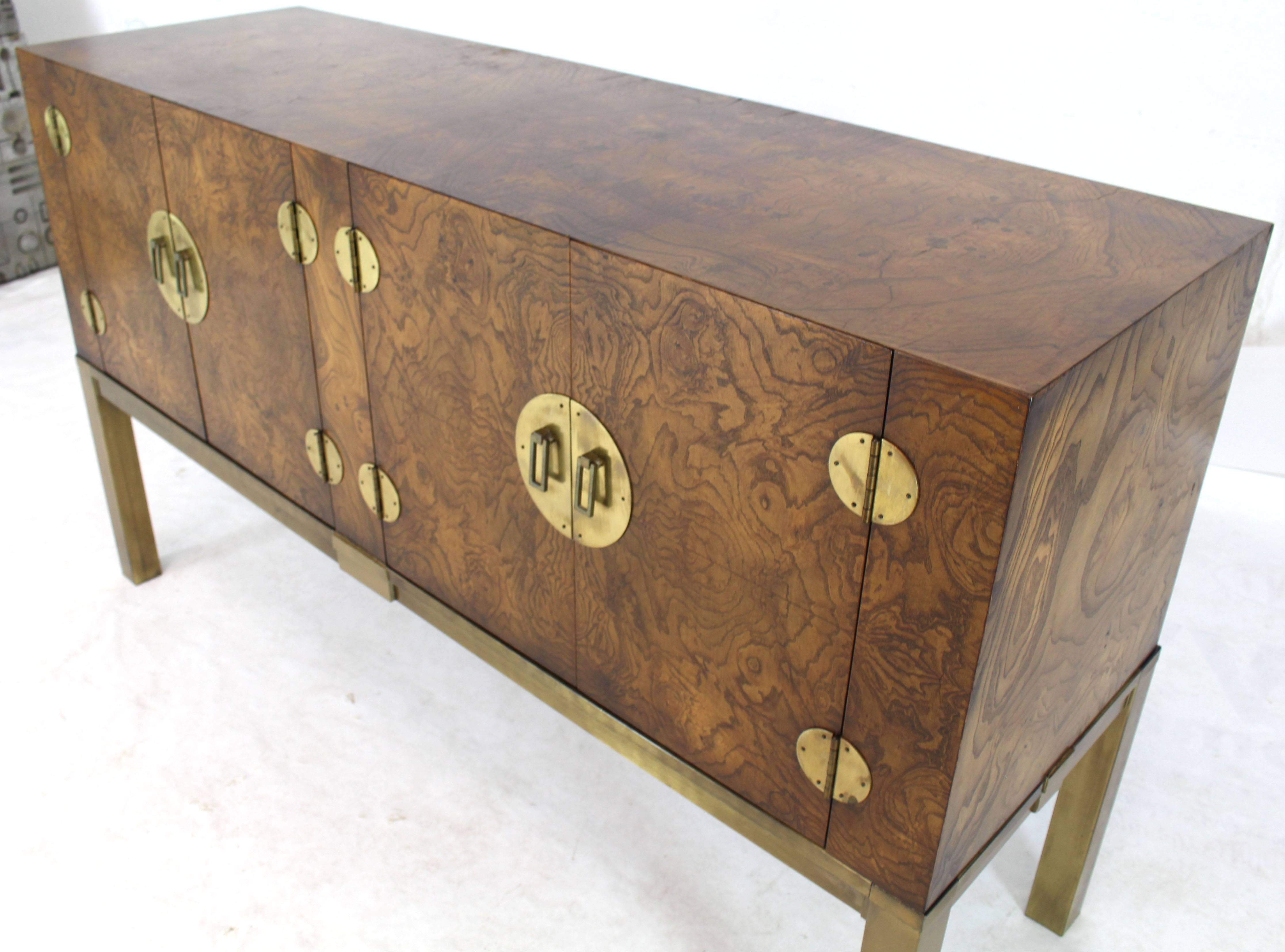 20th Century Burl Wood and Solid Brass Hardware Compact Double Doors Credenza