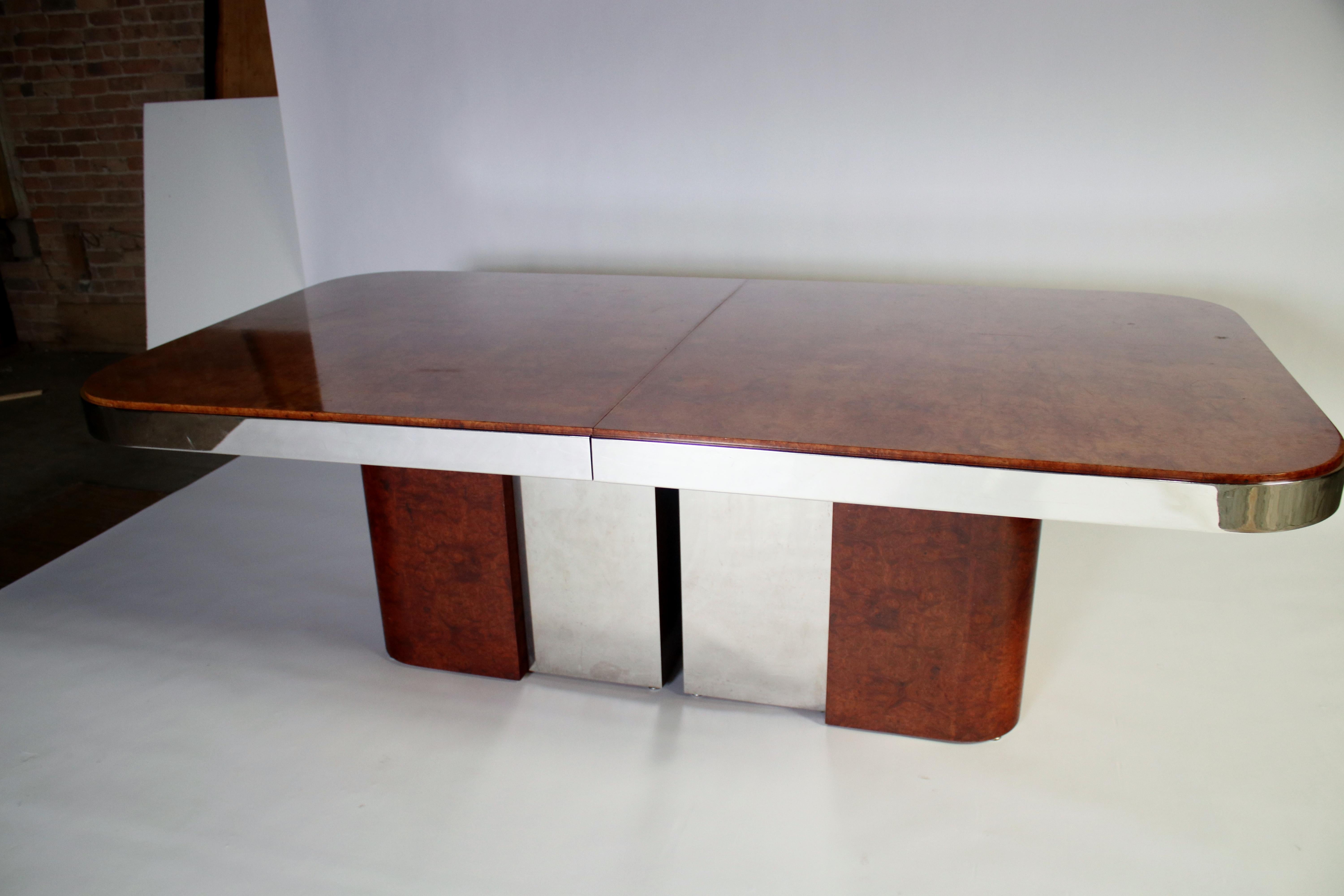 Mid-Century Modern Stanley Jay Friedman for Brueton Burl Wood and Steel Dining Table