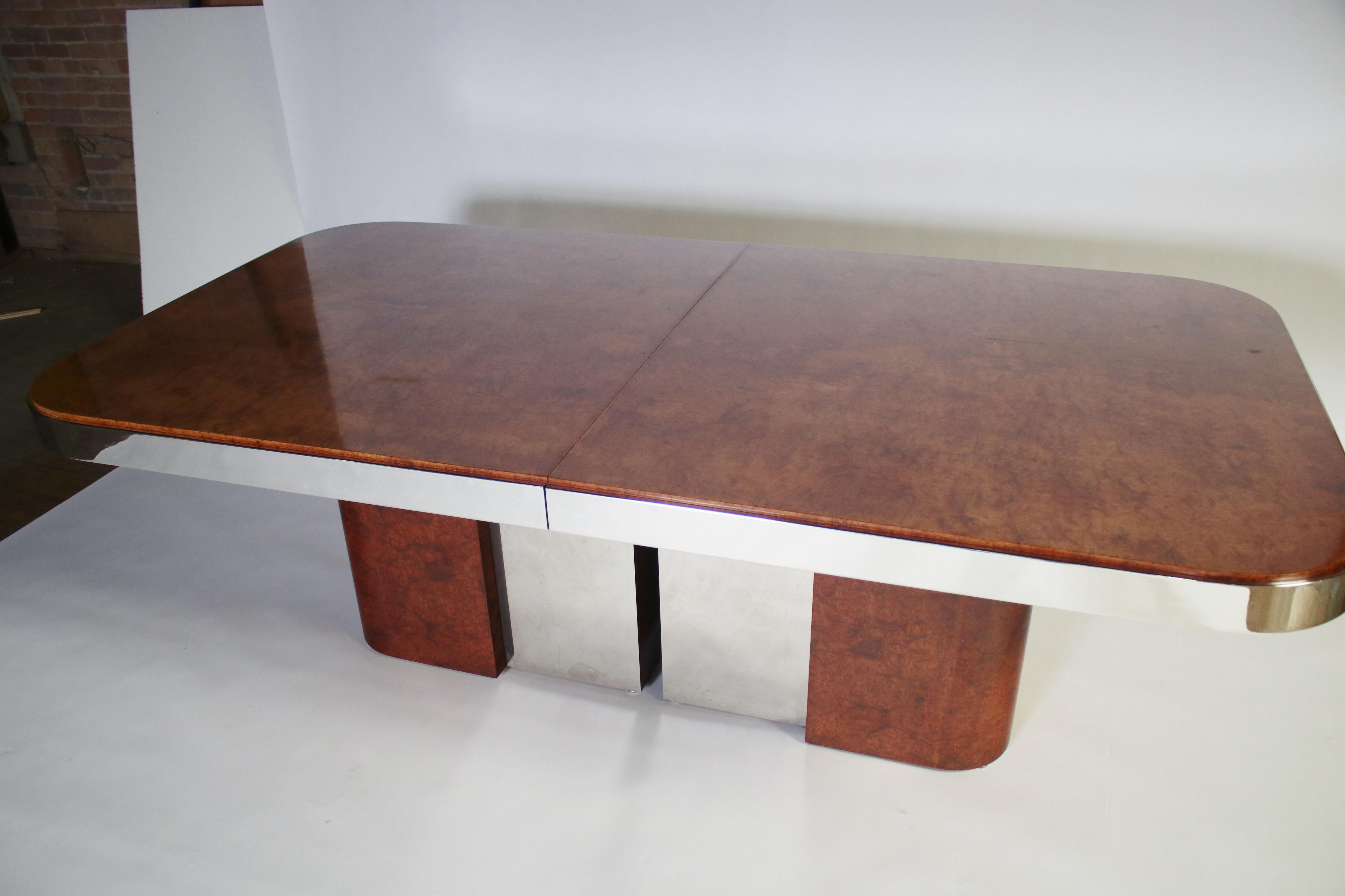 Stanley Jay Friedman for Brueton Burl Wood and Steel Dining Table In Good Condition In Chicago, IL