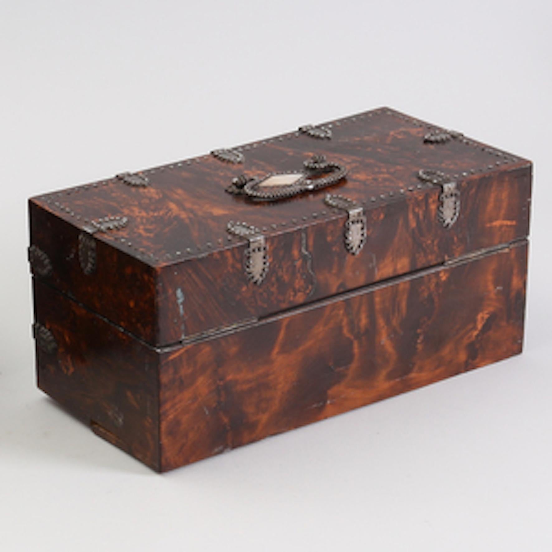 Early Victorian Burl Wood and Studded Metal Tea Caddy