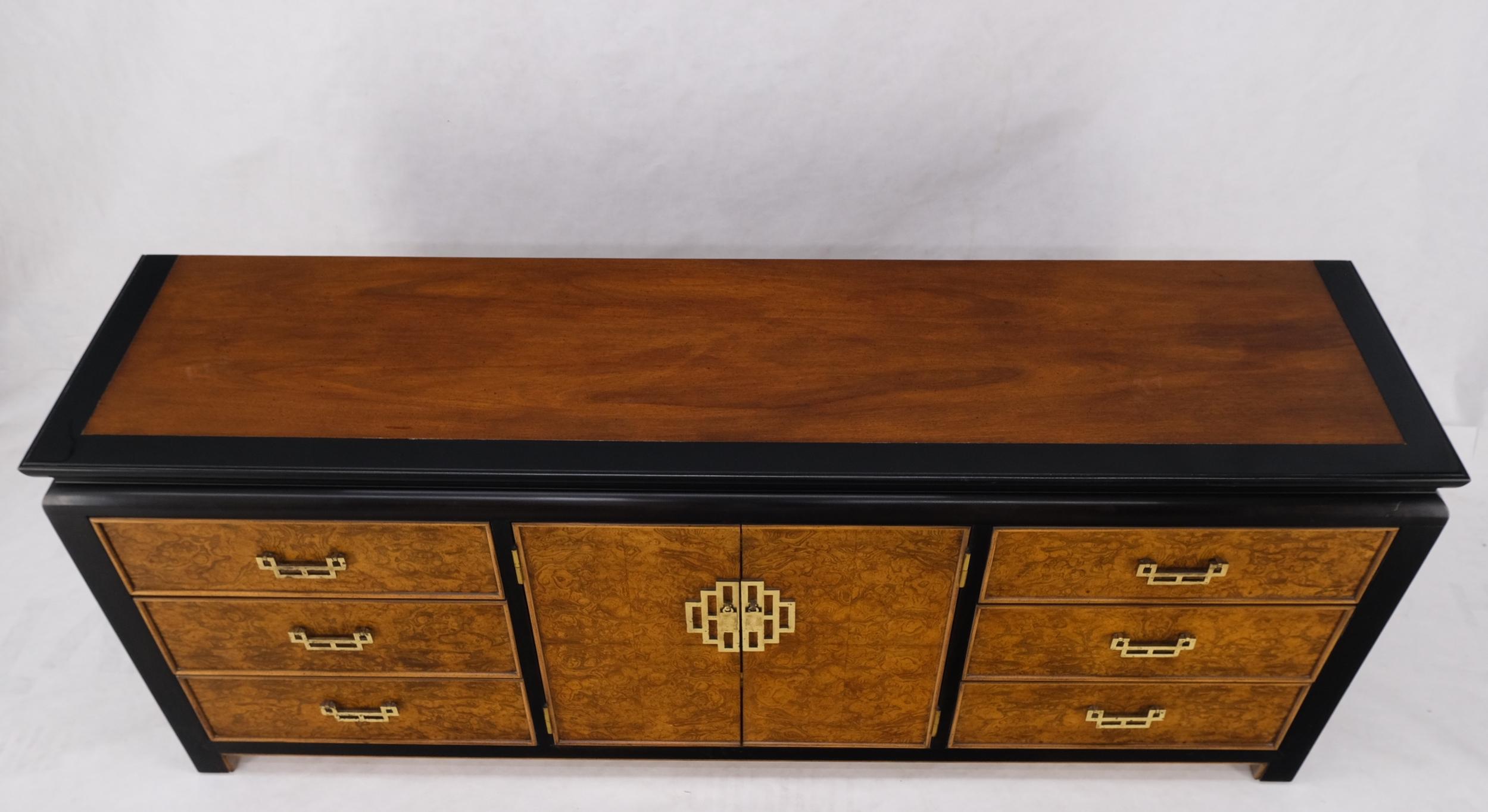 Burl Wood Black Ebonized Border 9 Drawers Long Dresser Credenza Brass Pulls Mint For Sale 6