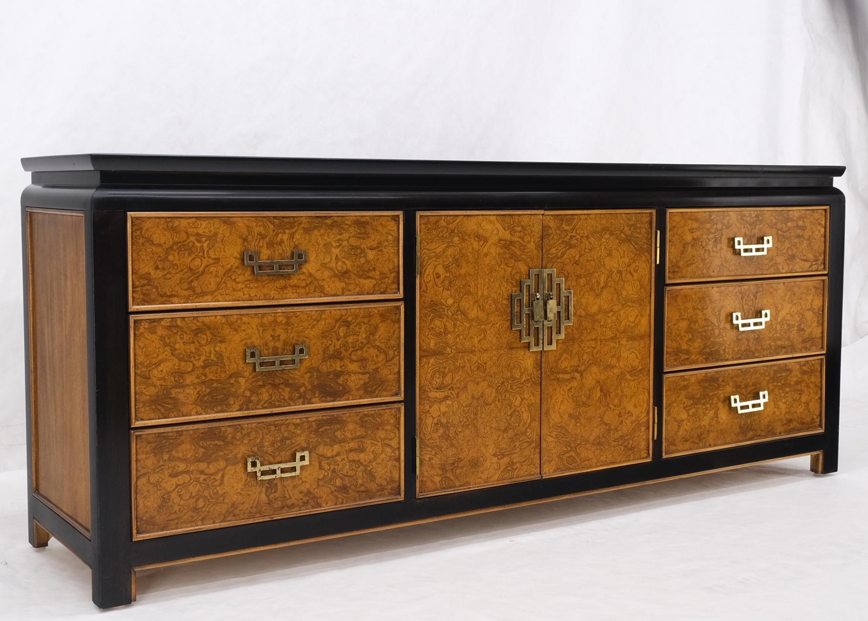 Burl Wood Black Ebonized Border 9 drawers long dresser credenza brass pulls mint.