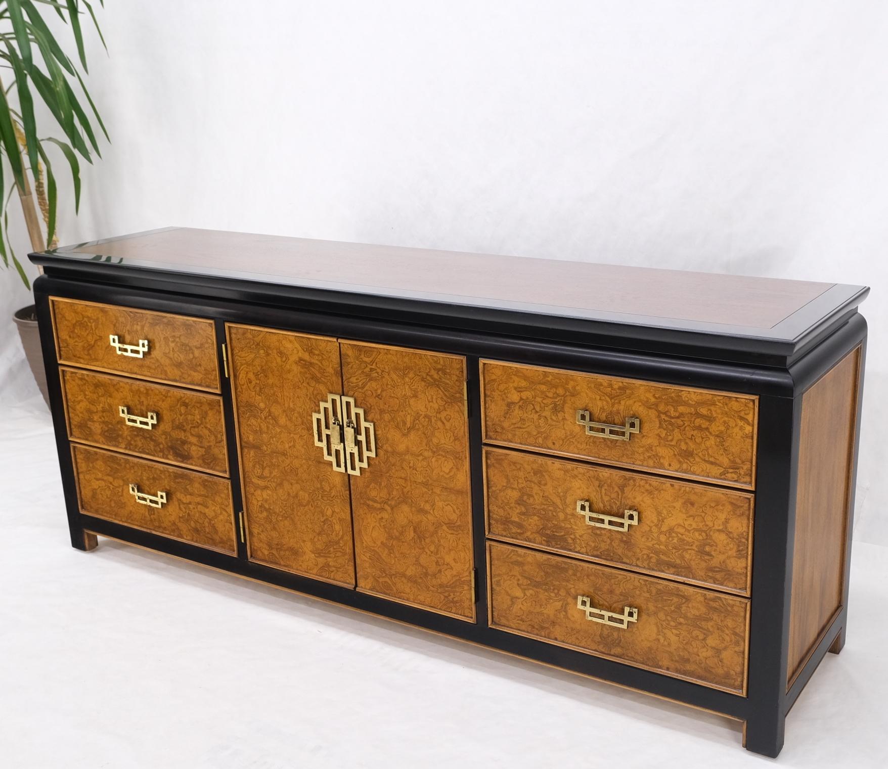 Burl Wood Black Ebonized Border 9 Drawers Long Dresser Credenza Brass Pulls Mint For Sale 11