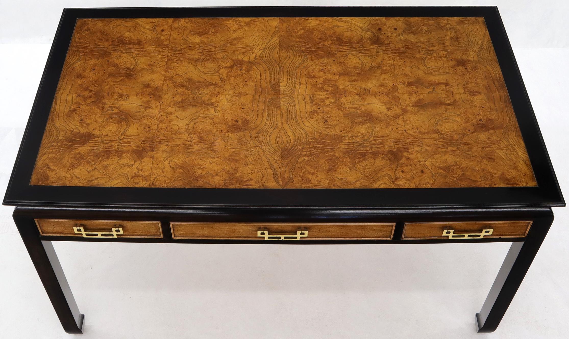 Mid-Century Modern Burl Wood Black Lacquer Solid Brass Hardware Three-Drawer Desk Writing Table