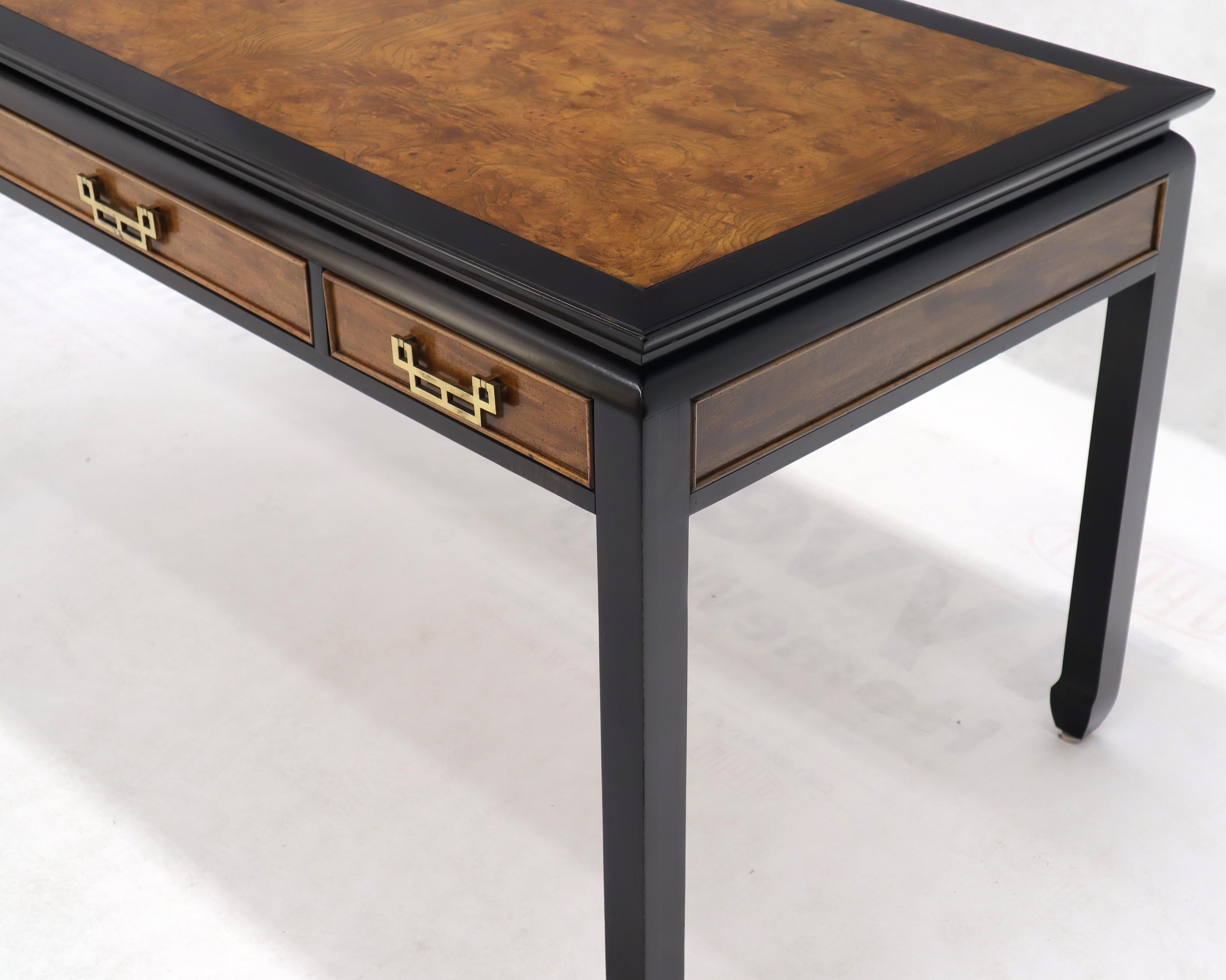 Burl Wood Black Lacquer Solid Brass Hardware Three-Drawer Desk Writing Table In Excellent Condition In Rockaway, NJ